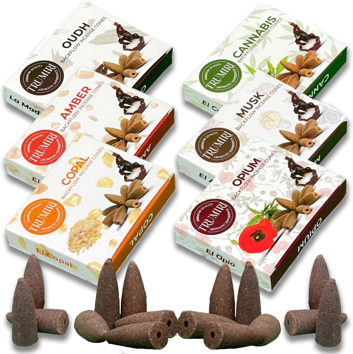 Exotic - Backflow Incense Cones for Waterfall - Scented Inscents-Cones - Copal, Amber, Musk, Oud - Insiensos Aromaticos - 6x10=60 Large Variety Pack