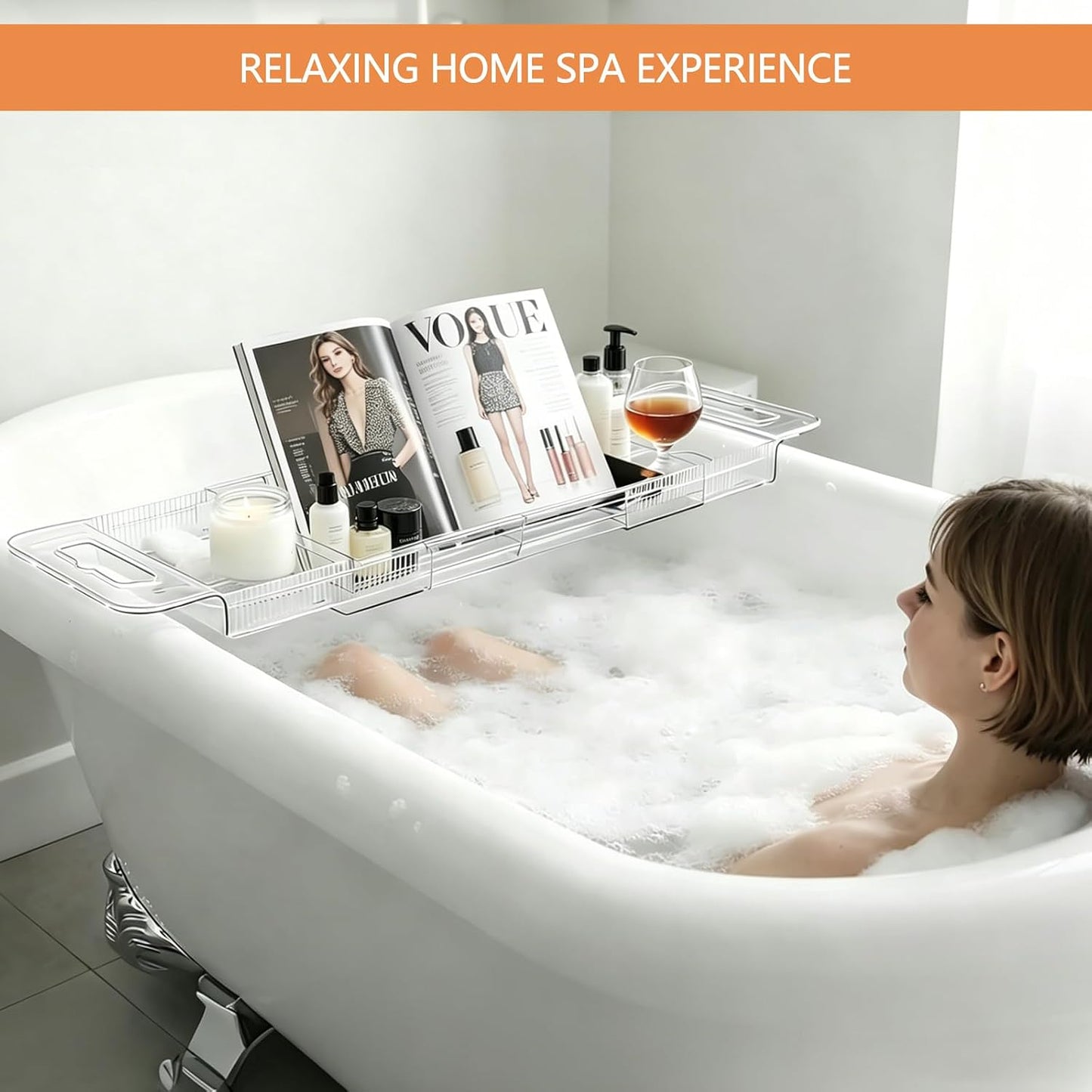 Expandable Bathtub Tray Caddy,Clear Acrylic Bath Tray for Tub,Bath Tub Table Tray with Book&Tablet&Phone Holder,Foldable Bath Shelf Over Tub,Bath Accessories&Bathtub Organizer for Luxury Home Spa