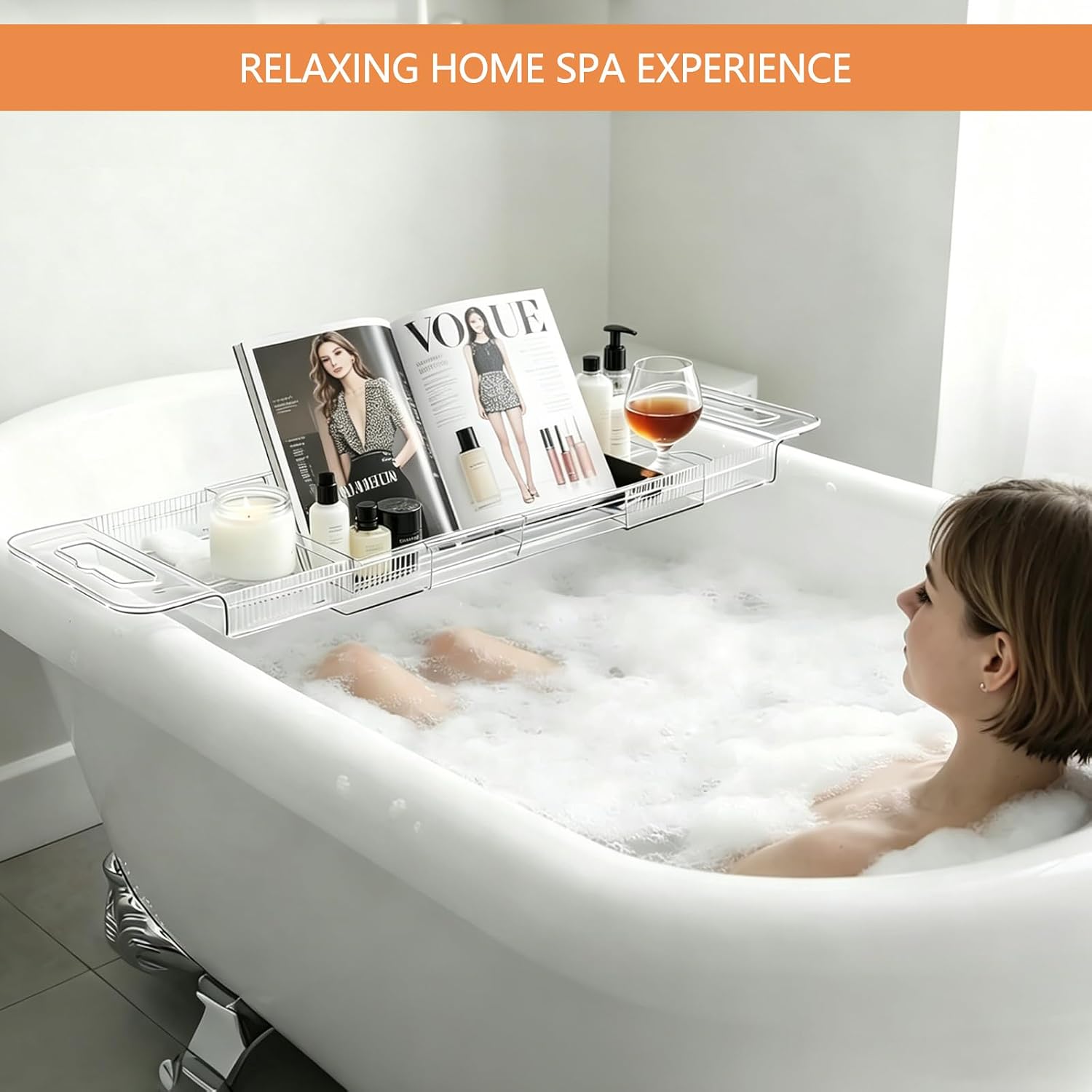 Expandable Bathtub Tray Caddy,Clear Acrylic Bath Tray for Tub,Bath Tub Table Tray with Book&Tablet&Phone Holder,Foldable Bath Shelf Over Tub,Bath Accessories&Bathtub Organizer for Luxury Home Spa