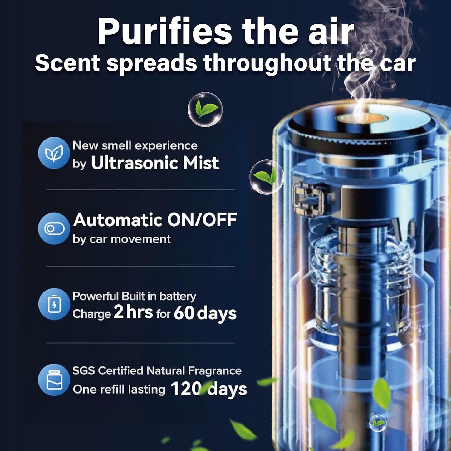Smart Car Aroma Diffuser - 3 Adjustable Modes, Rechargeable, with Breathing Light, with Ventilation Clip - with 8 10ml Bottles of Fragrance, Car Air Freshener Essential Oil Diffuser (Black)