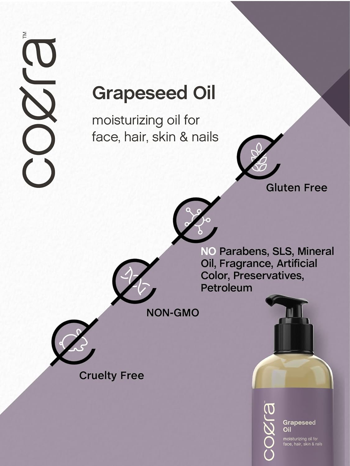 Coera Grapeseed Oil Cold Pressed | 8 fl oz | Moisturizer for Face, Hair, Skin, and Nails | Free of Parabens, SLS, & Fragrances