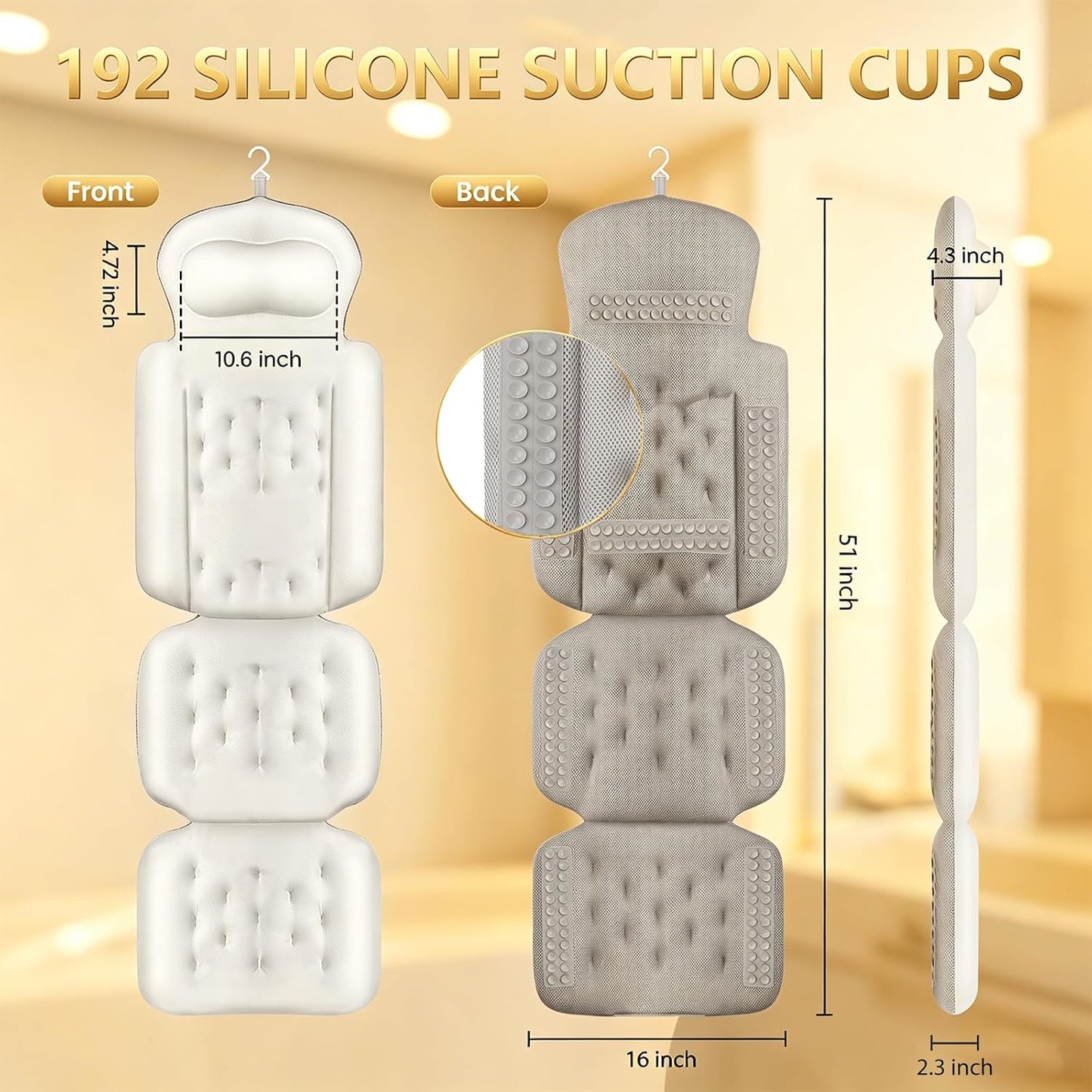 Full Body Bath Pillow, Luxury Bath Cushion with 192 Suction Cups, Bath Pillows for Tub for Head and Neck Support, with Laundry Bag White, 51" x 16"