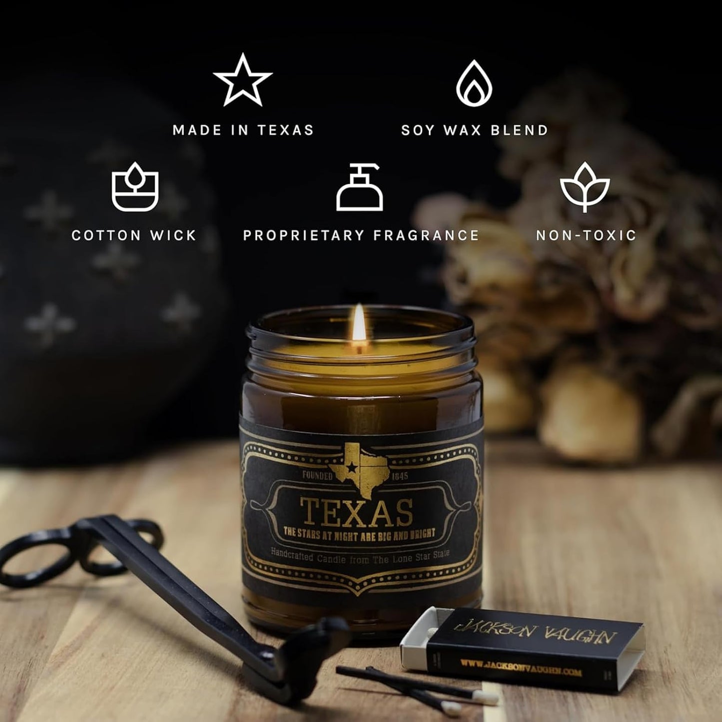 Jackson Vaughn Scented Texas Candle | Aromatherapy Long Lasting Candles Home Fragrance Decor Gifts Hand Poured Soy Wax Blend Notes of Patchouli, Prairie Grass, Mexican Amber 40 Hr Burn 9oz (Austin)