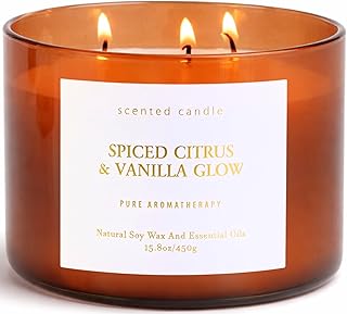 Spiced Citrus & Vanilla Glow Scented Candle | 3-Wick Large Soy Candle 15.8 oz | Highly Scented Cinnamon Aromatherapy Candle for Women & Men | Warm Cozy Home Scent | Clean Burn Long Lasting