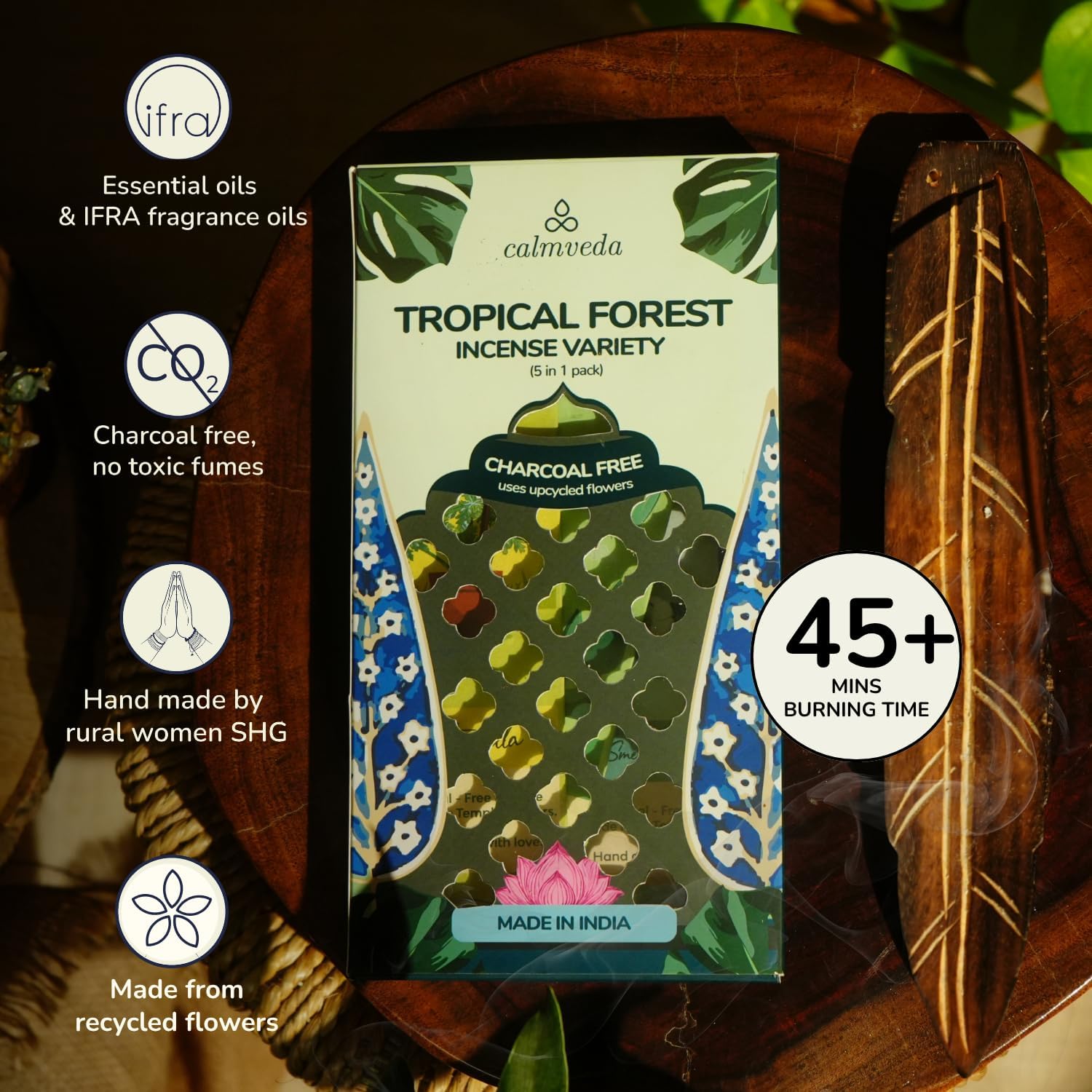 Tropical Forest Incense Variety Pack- 5 Scents: Citronella, Eucalyptus, Pine Forest, Smell of Rain & Patchouli | Charcoal-Free Natural Incense Sticks | Eco-Friendly Aromatherapy Gift Set