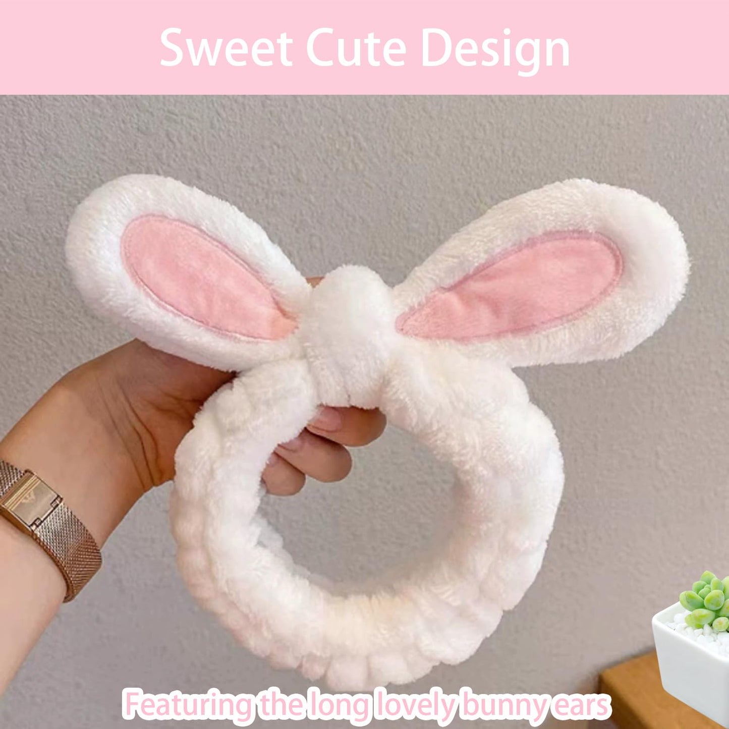 musejoy 2 Pcs Headband Bunny Ears Headband Cute Spa Headbands for Washing Face Skincare Makeup Headbands for Women Girls Trendy Stuff Present Soft Coral Fleece Hair Accessories(Pink+White)