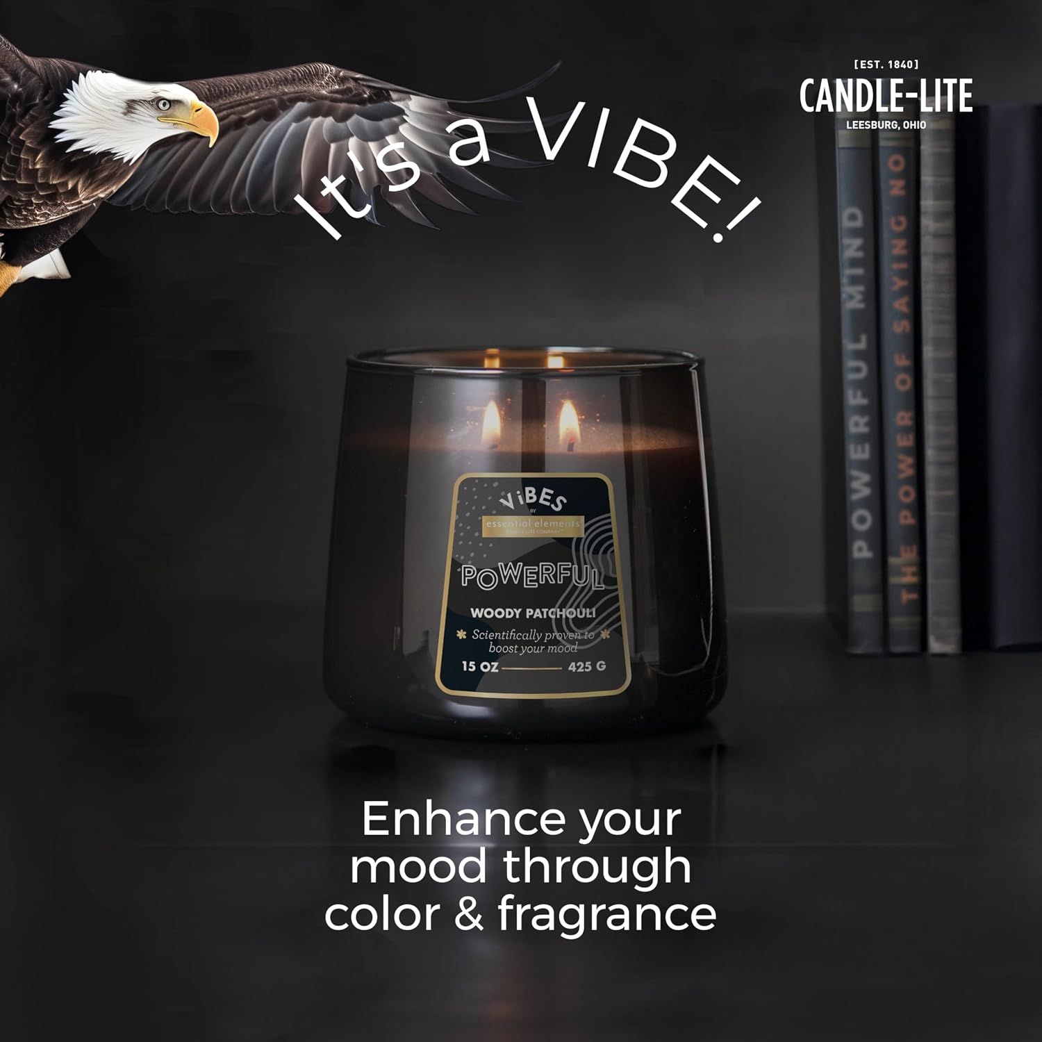 Candle-Lite Vibes Woody Patchouli Mood-Enhancing Scented Candles, 15 oz Jar, Aromatherapy, Proudly Poured in The USA, 2-Wick, 86 Hours Burn Time, Perfect Relaxation Gift