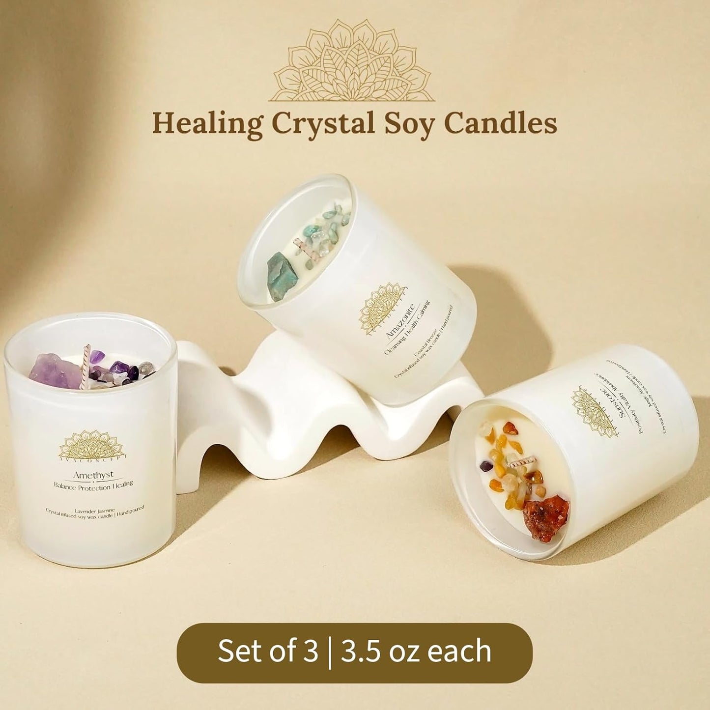 AvaConcept Healing Crystal Candle Gift Set – Set of 3 Amethyst, Amazonite & Sunstone Hand-Poured Soy Wax Lavender Jasmine, Coastal Breeze & Jungle Attachment Aromatherapy 3.5oz Each | Premium Gift Box