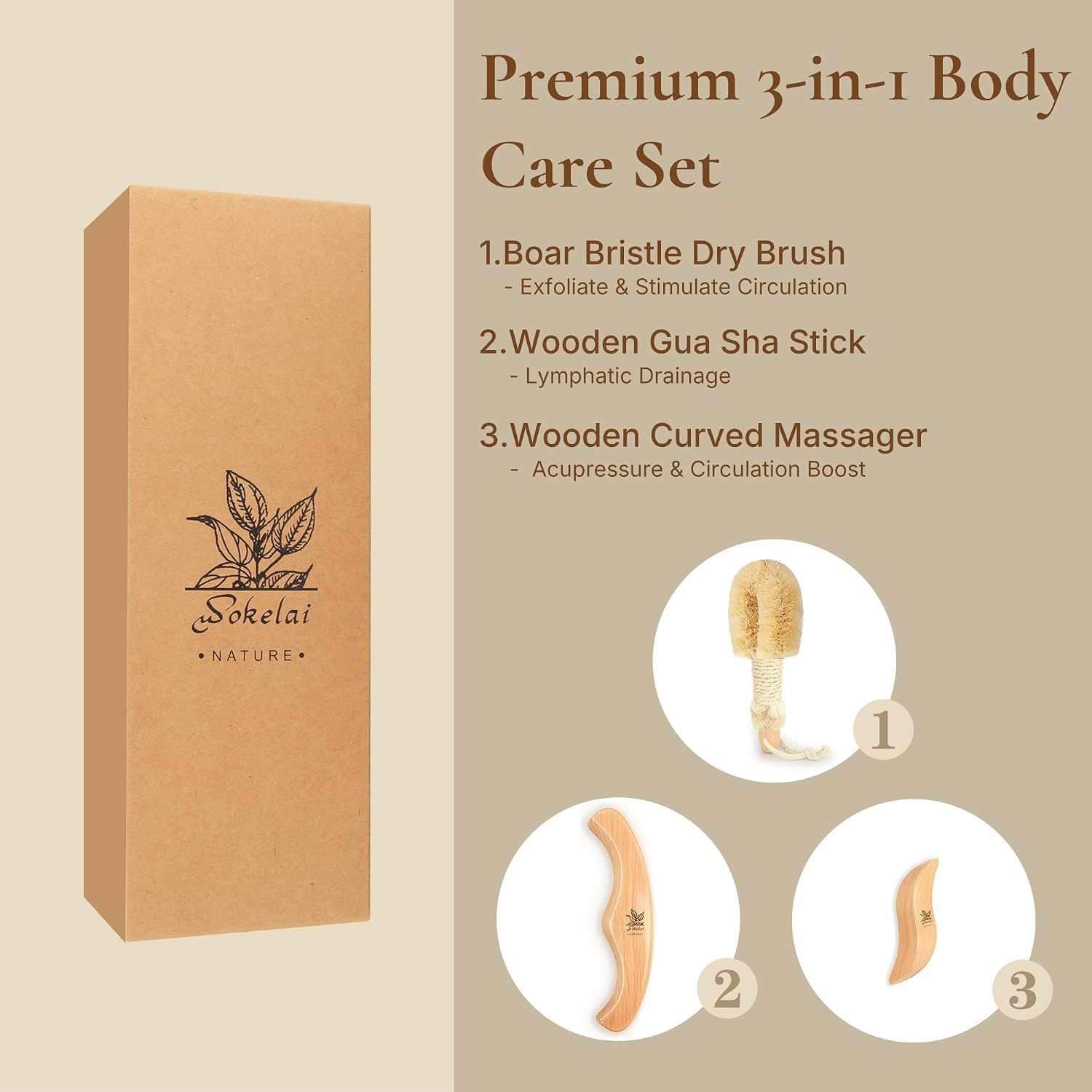 Dry Body Brush Set for Lymphatic Drainage, Natural Sisal Bristle Dry Brushing Body Brush, Wood Therapy Kit with Wooden Acupressure Massage Tools for Face and Body Gua Sha