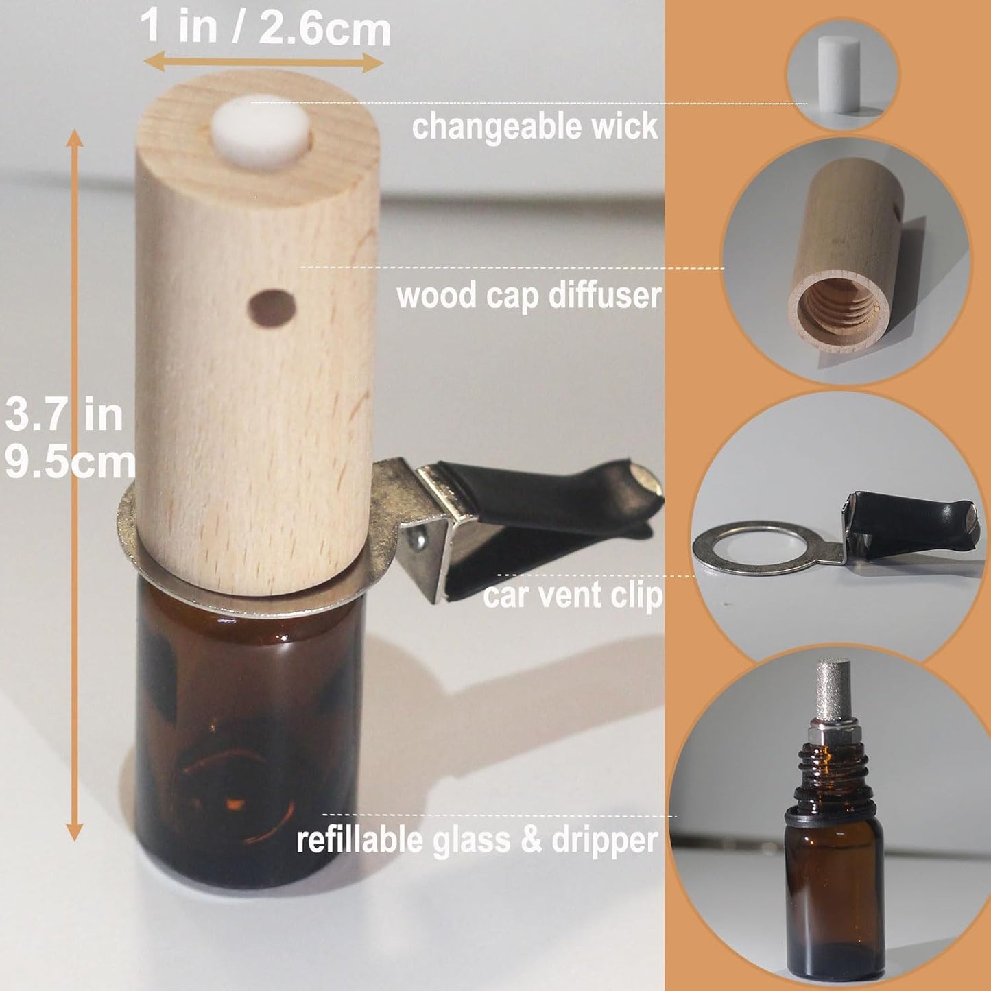 Lemon Car Scent 30 Days’ Refillable Odor Fighting Non-toxic Strong Natural Fresh Fragrance, Vent Clip Wood Diffuser & Pure Essential Oils Auto Air Freshener (1x Beech Diffuser + 10ml Oil)