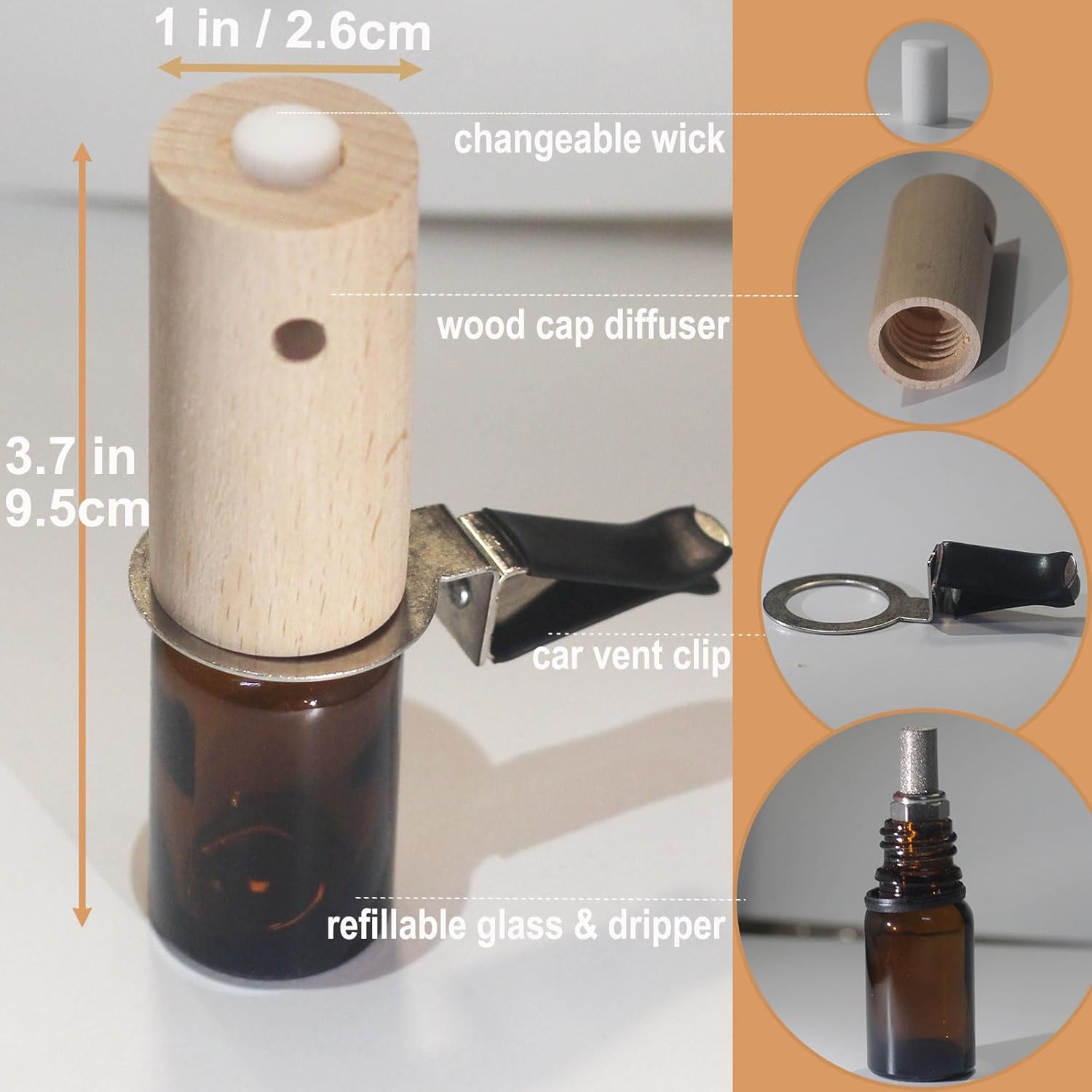 Refillable Lemon Car Scent 30 Days’ Odor Fighting Non-toxic Strong Natural Fresh Fragrance, Vent Clip Wood Diffuser & Pure Essential Oils Auto Air Freshener (1x Beech Diffuser + 10ml Oil)