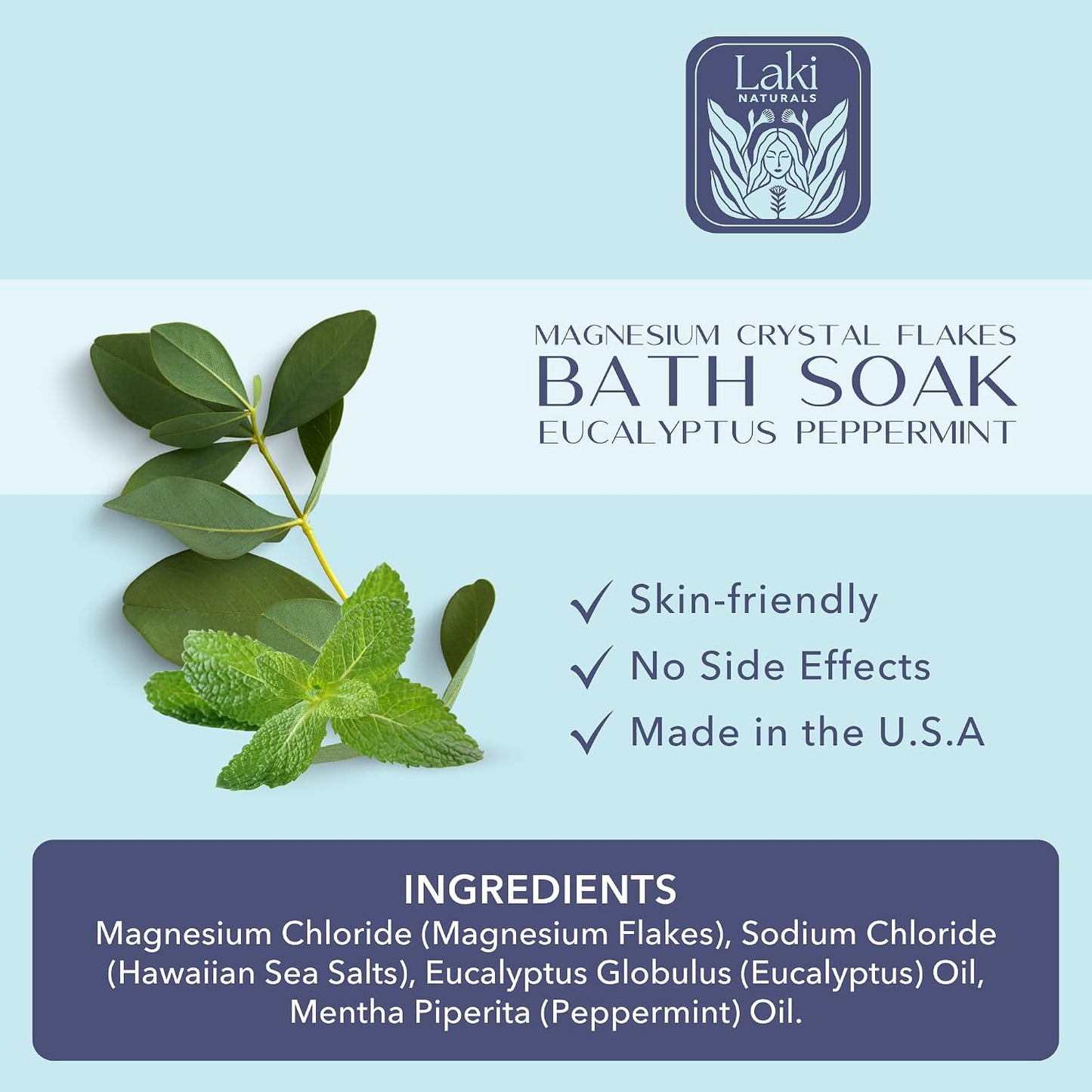 Laki Naturals Bath Soak - Magnesium Flakes with Hawaiian Sea Salt - Therapeutic Bath Salts for Relaxation (Eucalyptus Peppermint, 8 oz)