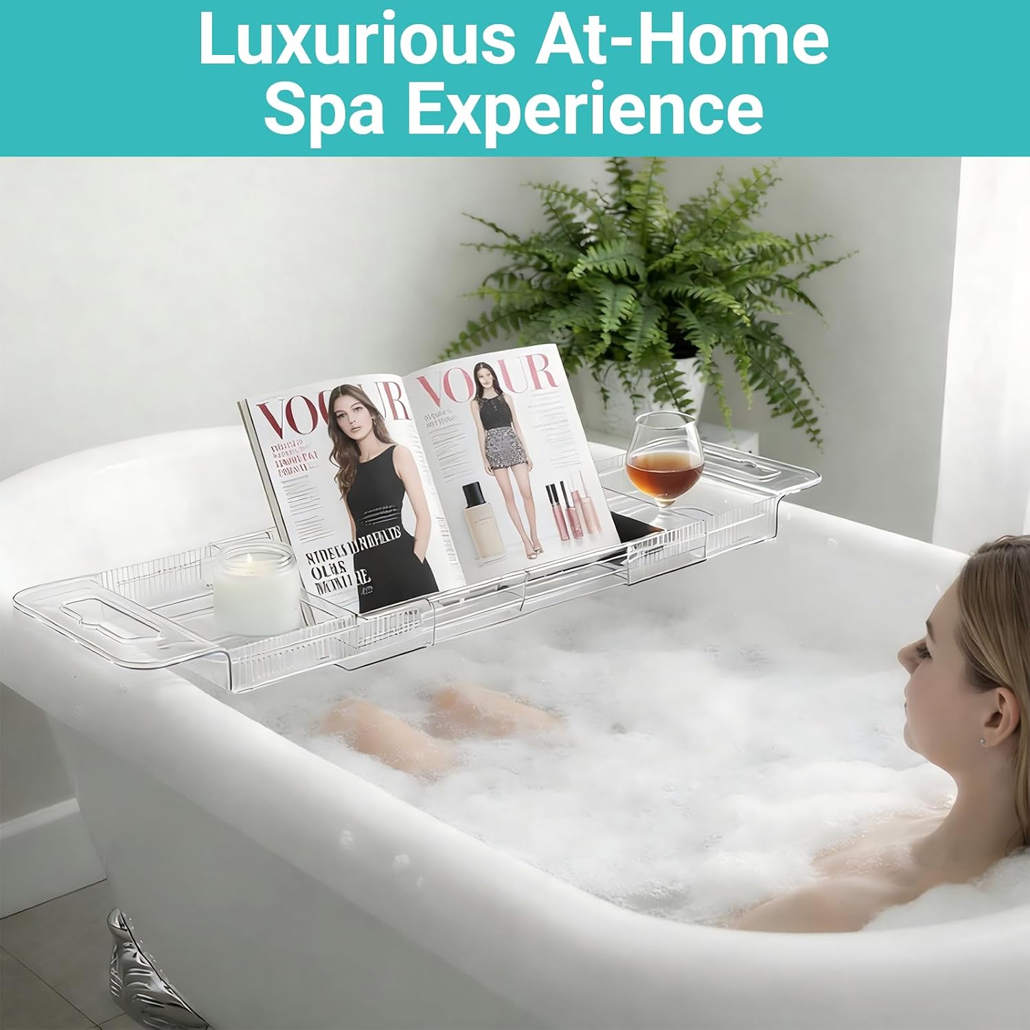 Expandable Bathtub Tray Caddy, Clear Bath Tray for Tub for Bath Relaxing, Foldable Bath Table Trays, Bathtub & Bathroom Accessories for Women Gift, Anniversary or Wedding Gifts, New Home