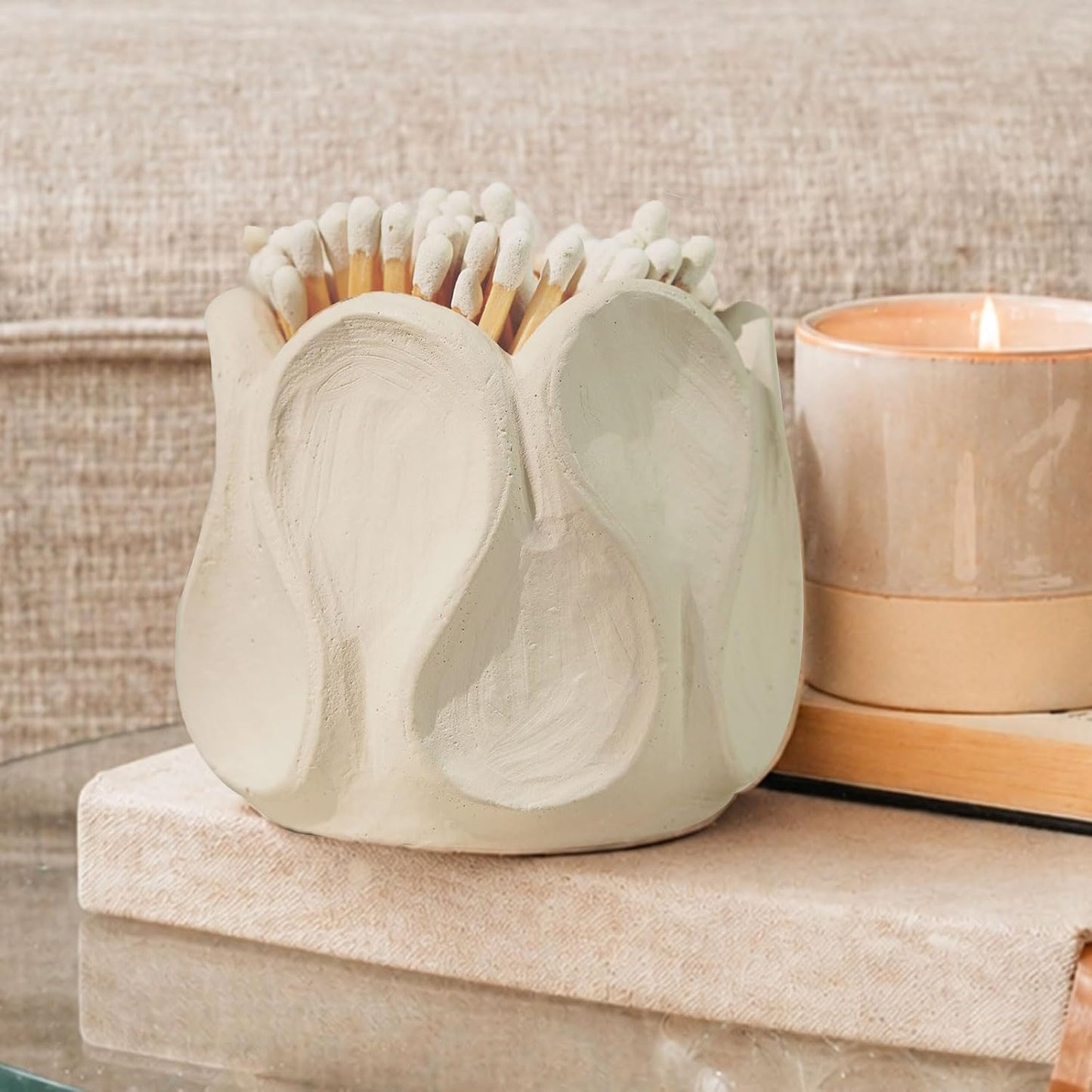 Concrete Matches Holder with Striker Large-Beautiful Flower Match in Jar-for Cute/Fancy/Long Candle Match,Refresh Any Modern Home Decor with Premium Jar-No Matches