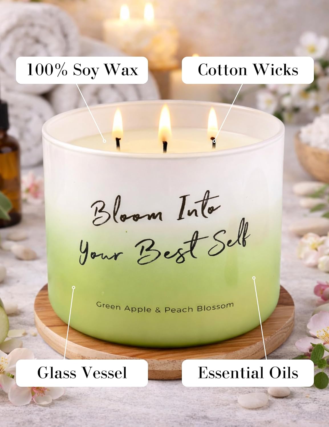 Green Apple Peach Blossom Scented Soy Candle | Large 3 Wick Candle for Home, 15.8 oz | Fresh Fruity Aromatherapy Candle | Birthday, Graduation & Self-Care Gifts for Women | Candles for Women & Men