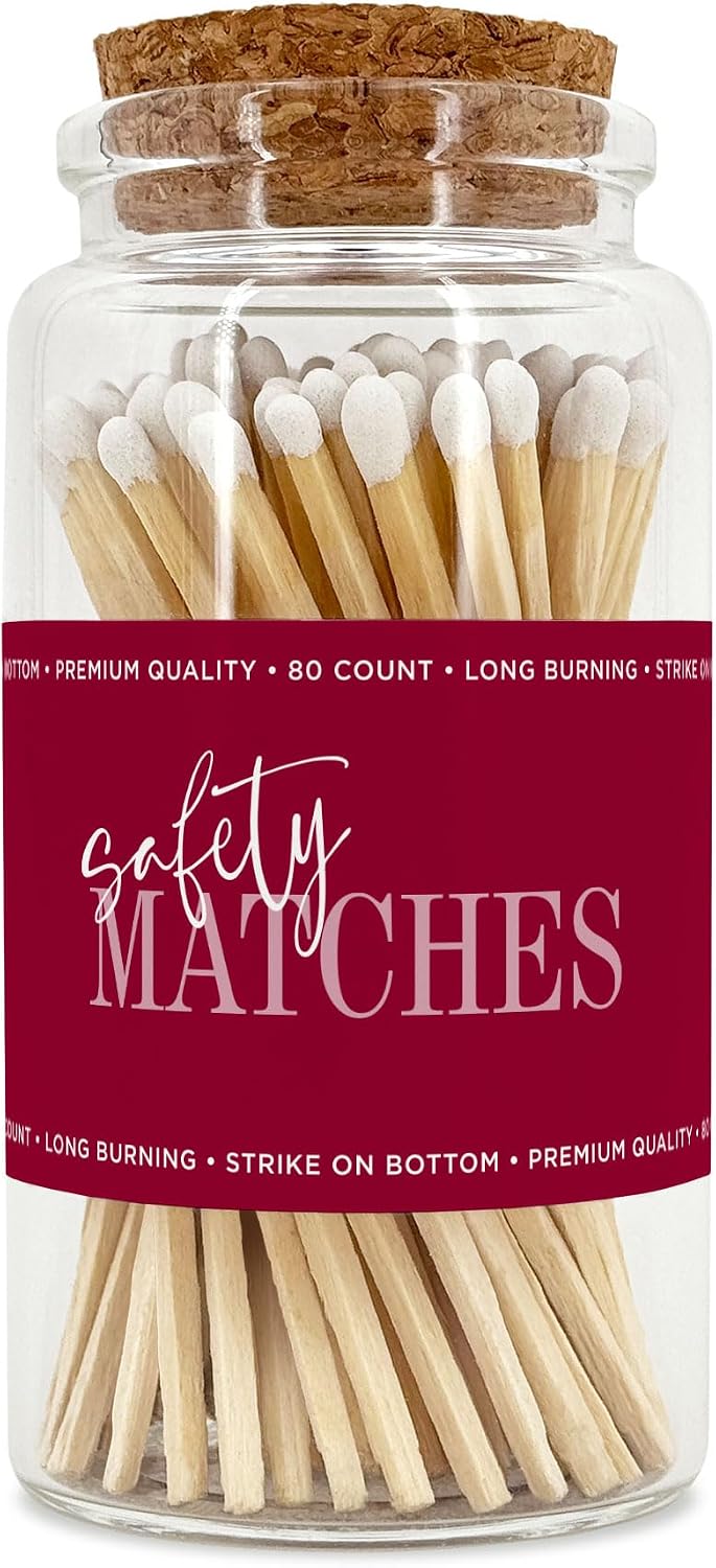Wooden Safety Matches in a Jar with Striker | Decorative Matches for Candles | Long Matches for Candles in Apothecary Glass Jar | Approx. 80 Safety Matches for Home Decor & Bathroom