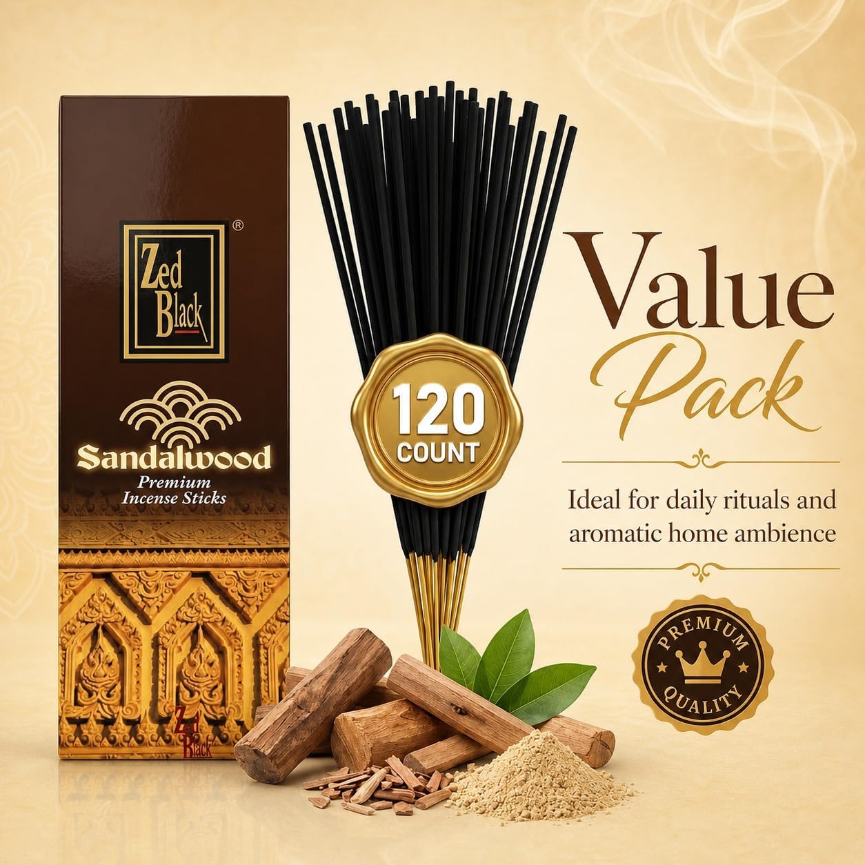 Sandalwood Incense Sticks -120 Count | Hand-Rolled, Long-Lasting Sandalwood Aroma | Ideal for Meditation, Relaxation, Yoga & Spiritual Balance I Zed Black
