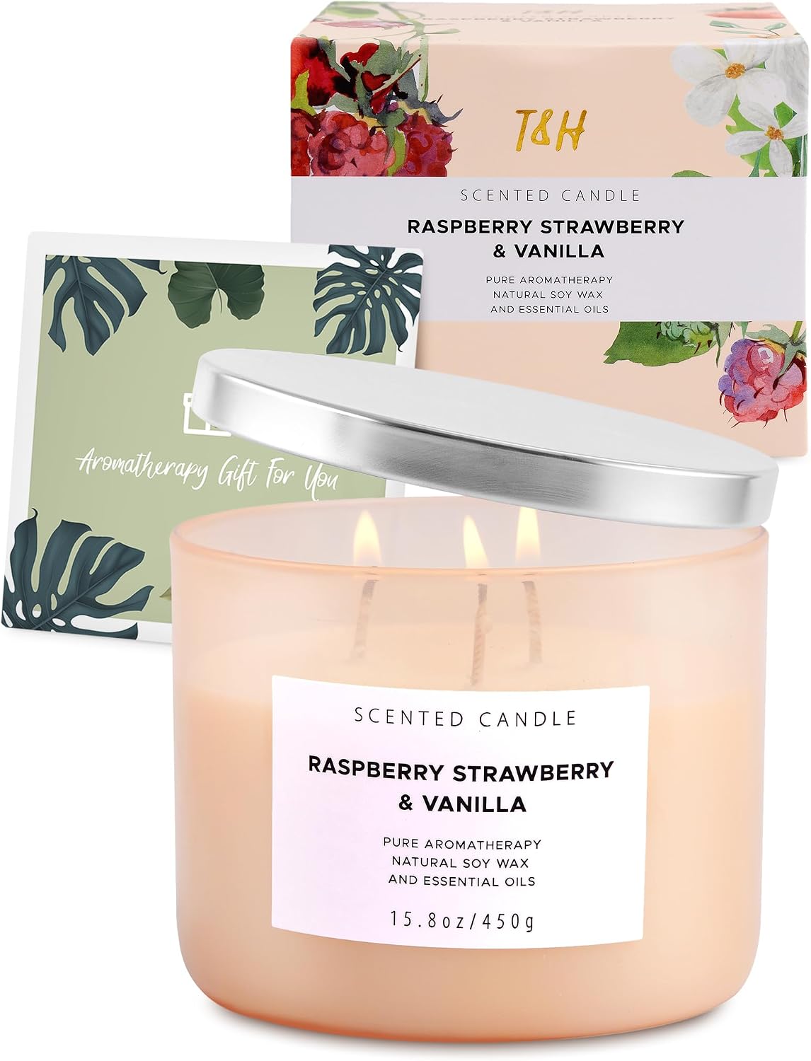 Raspberry Strawberry Vanilla 3-Wick Scented Soy Candle 15.8 oz | Large Sweet Berry Vanilla Scented Candle for Home | Relaxing Aromatherapy Candle | Strong Throw & Long Lasting