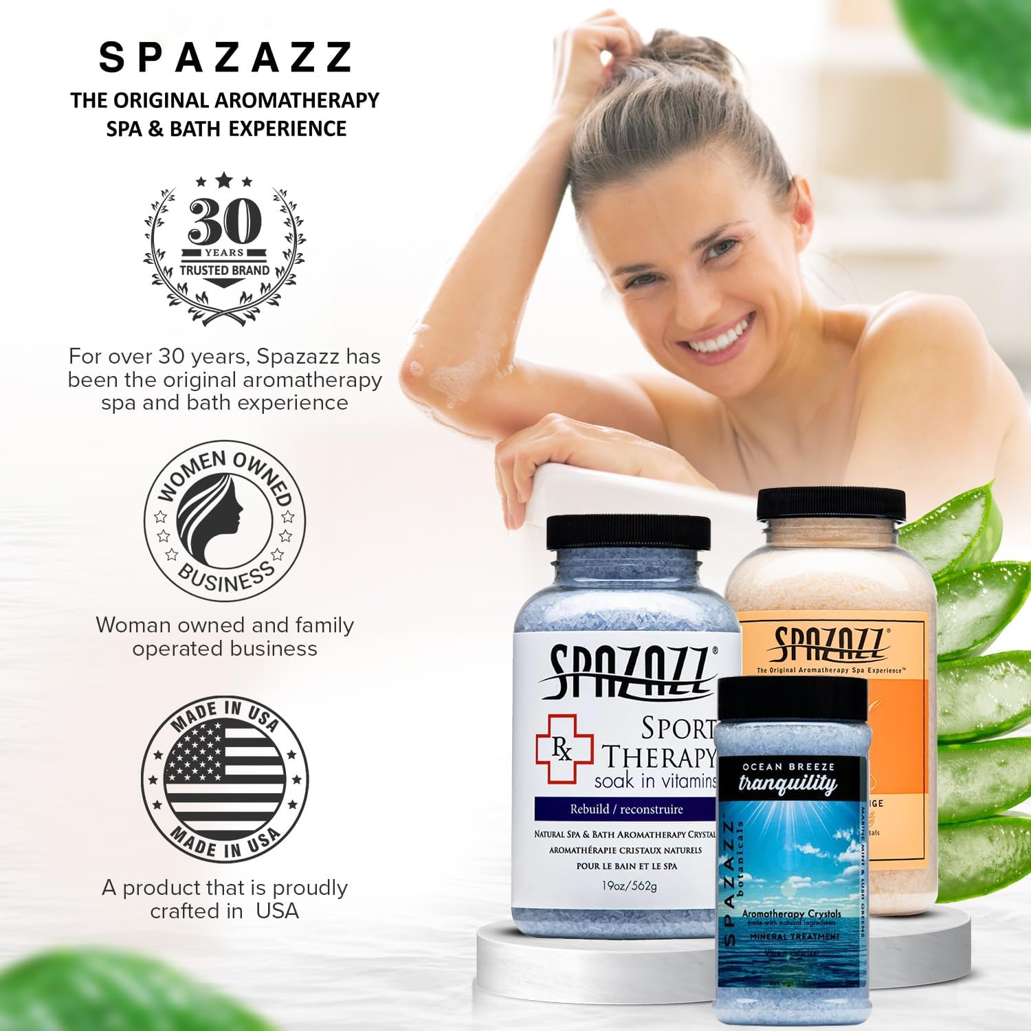 Spazazz Hot Tub Aromatherapy Crystals Bundle – 3 Pack Magnesium Bath Salt | Magnesium Aromatherapy Bath Salts; 22oz Escape Grapefruit Orange, 17oz Ocean Breeze Botanicals, 19oz RX Sport Therapy