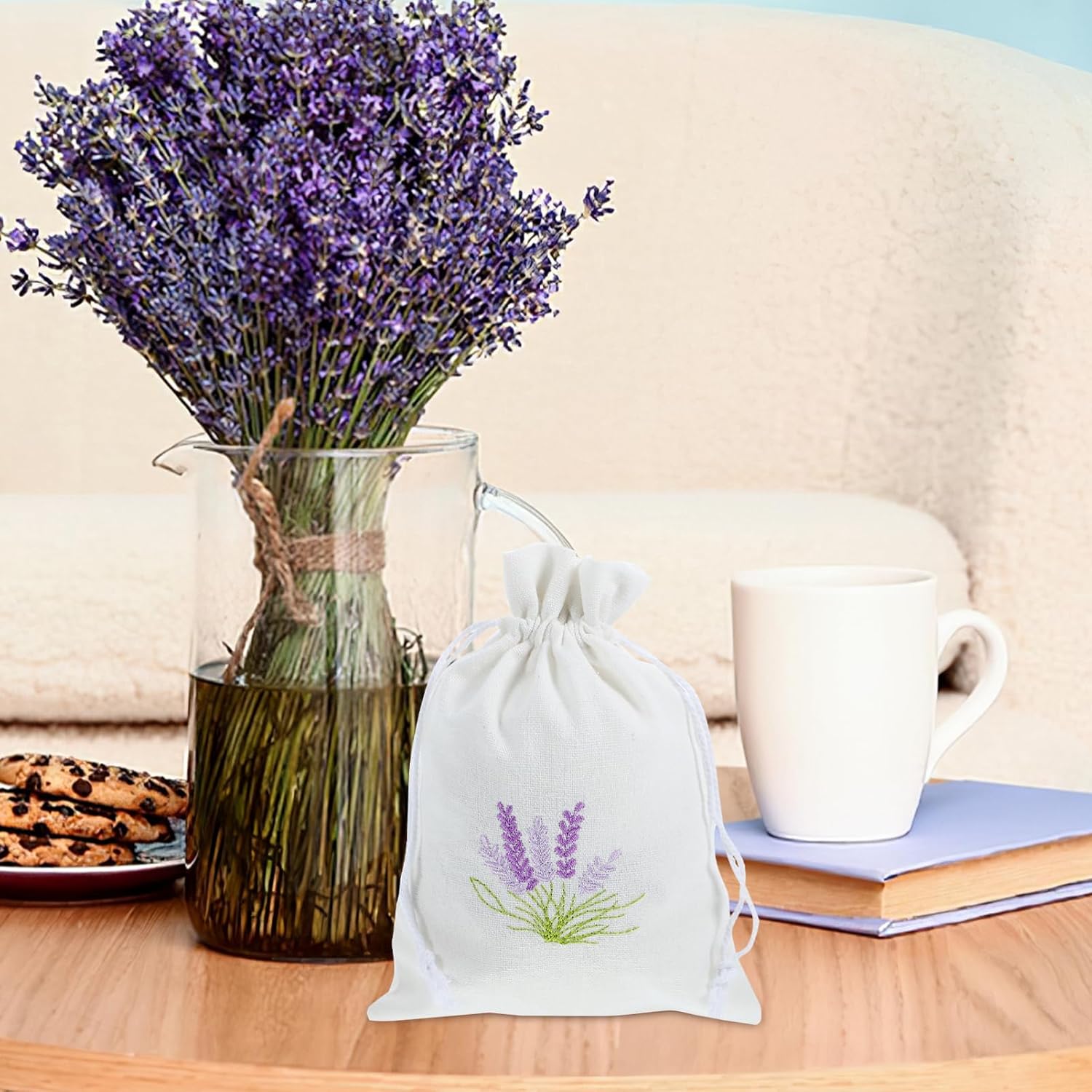 blissfulmilo 10pcs Sachet Bags,Cotton Drawstring Bags,Lavender Pouches, Small Jewelry Pouch Empty Sachet Bags with Lavender Pattern for DIY Wedding Party Supplies