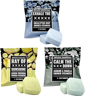 Explicit Essentials Shower Steamers Gift Set | 12 Aromatherapy Shower Steamers (3 Scent Trio) | Eucalyptus Mint, Jasmine Vanilla & Lemon Eucalyptus | Relaxation & Stress Relief Spa Gift for Self-Care