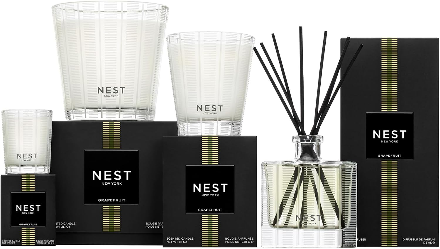 NEST New York Reed Diffuser, Grapefruit - 5.9 fl oz - Fragrance for Up to 90 Days - Reusable, Refillable Glass Holder - Includes 8 All-Natural Reed Sticks - Flame Free