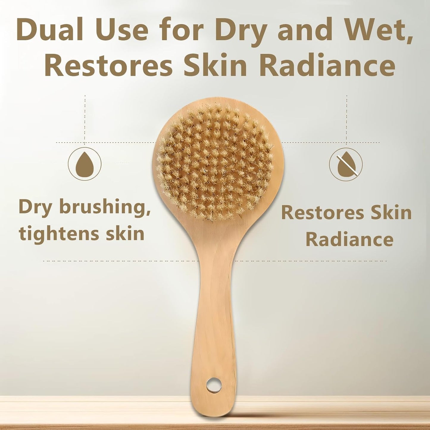 Dry Bath Body Brush with Short Handle, Natural Bristles Back Scrubber, Anti-Slip Wooden Handle for Exfoliation, Blood Circulation, and Cellulite Reduction, Brown