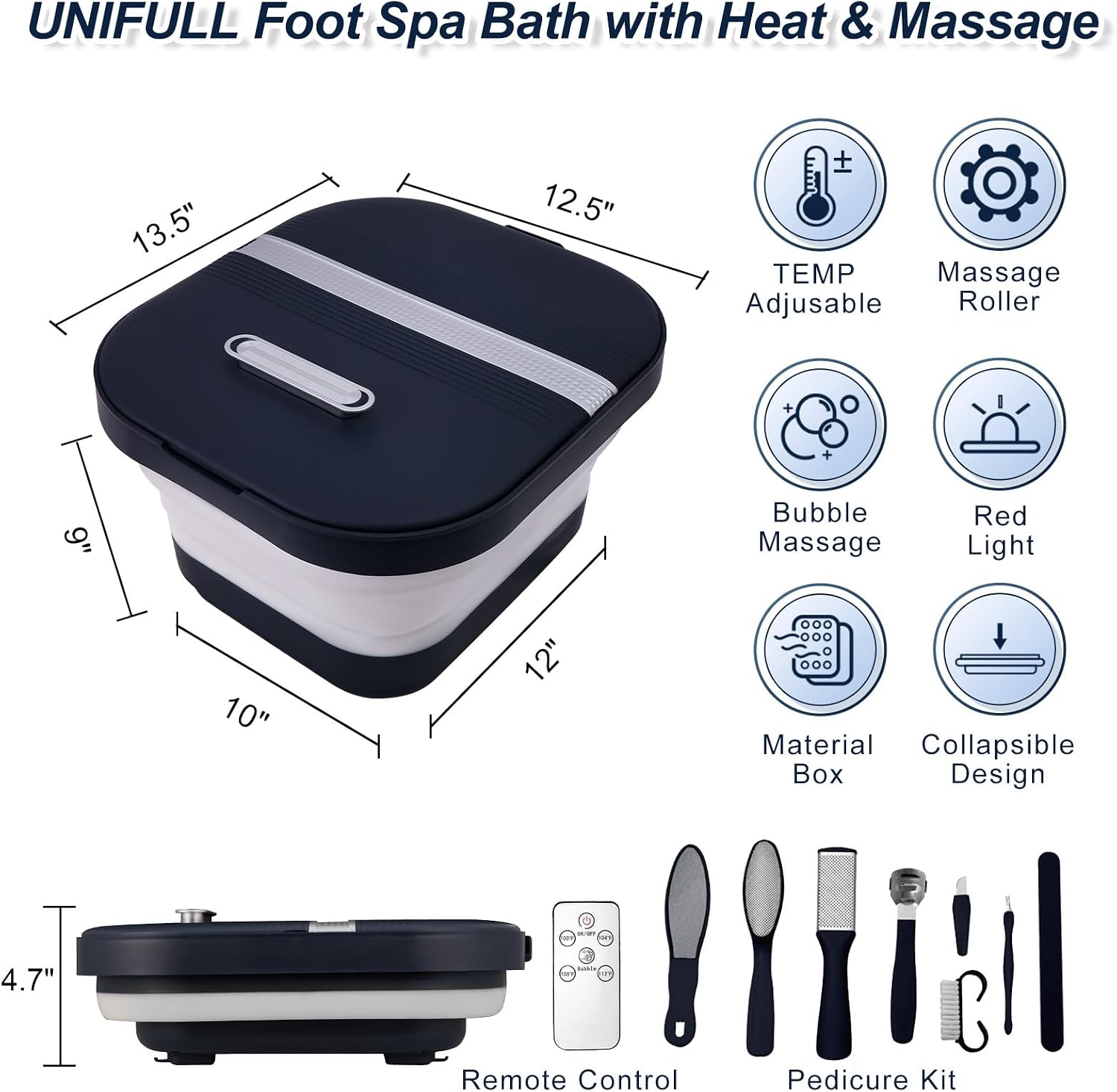 UNIFULL Collapsible Foot Bath Spa with Heat, Remote Control, Massage Rollers, Bubble, Foot Pedicure Kit, Red Light, Pedicure Foot Spa, Foot Bath for Gifts