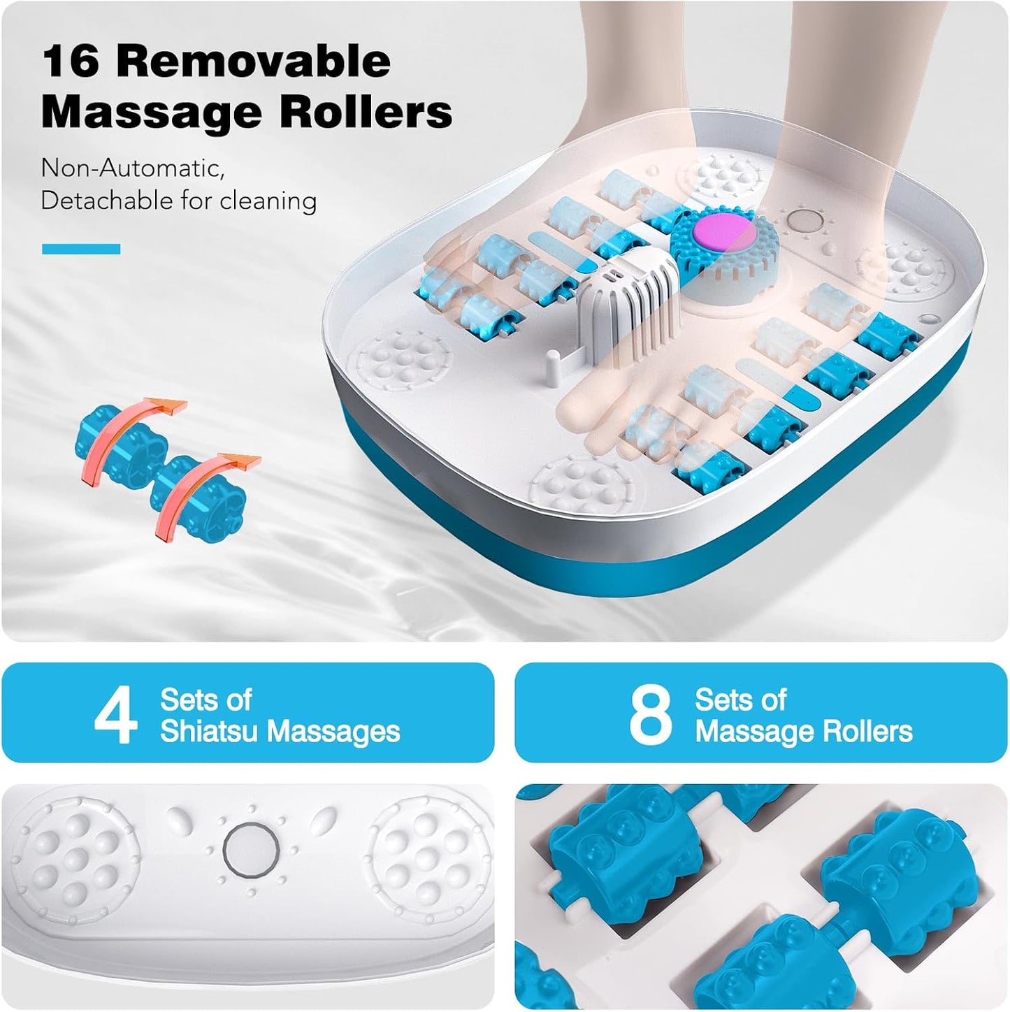 Foot Bath Massager with Bubbles, Heat, and 16 Massage Rollers - Collapsible Foot Spa Tub with Remote Control, Temperature Control, Red Light, Pumice Stone