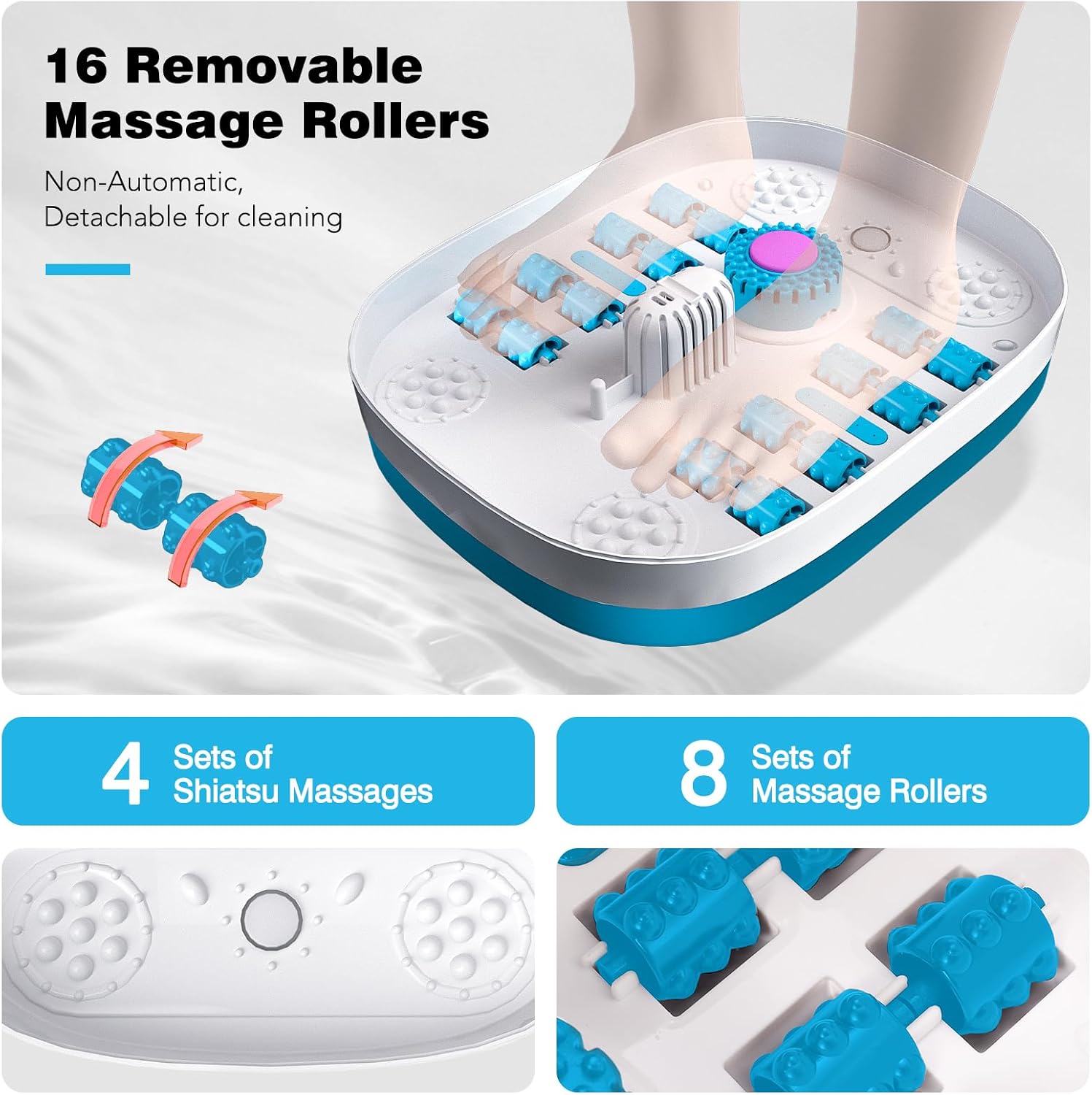 Foot Bath Massager with Bubbles, Heat, and 16 Massage Rollers - Collapsible Foot Spa Tub with Remote Control, Temperature Control, Red Light, Pumice Stone