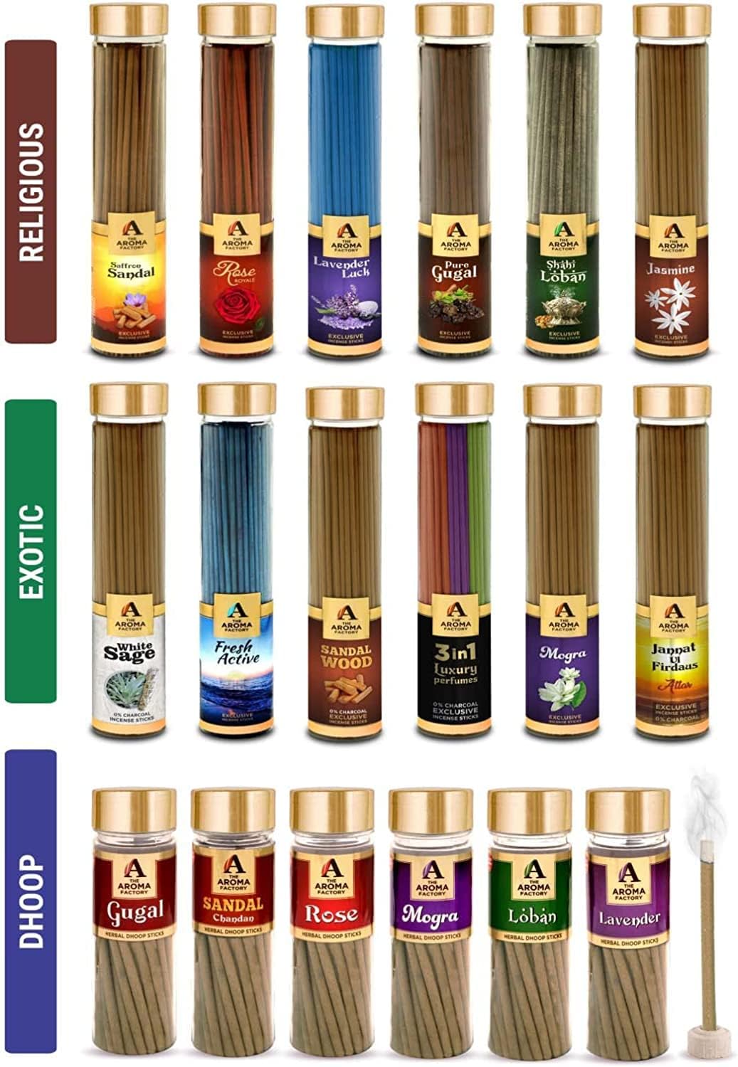 The Aroma Factory Organic Incense Sticks Aromatic Fragrances | Kesar Chandan, Rose, Fresh Active & Lavender | No Charcoal, Scented Incense | Herbal Pooja Agarbatti | 4x100g Jute Bag Gift Set