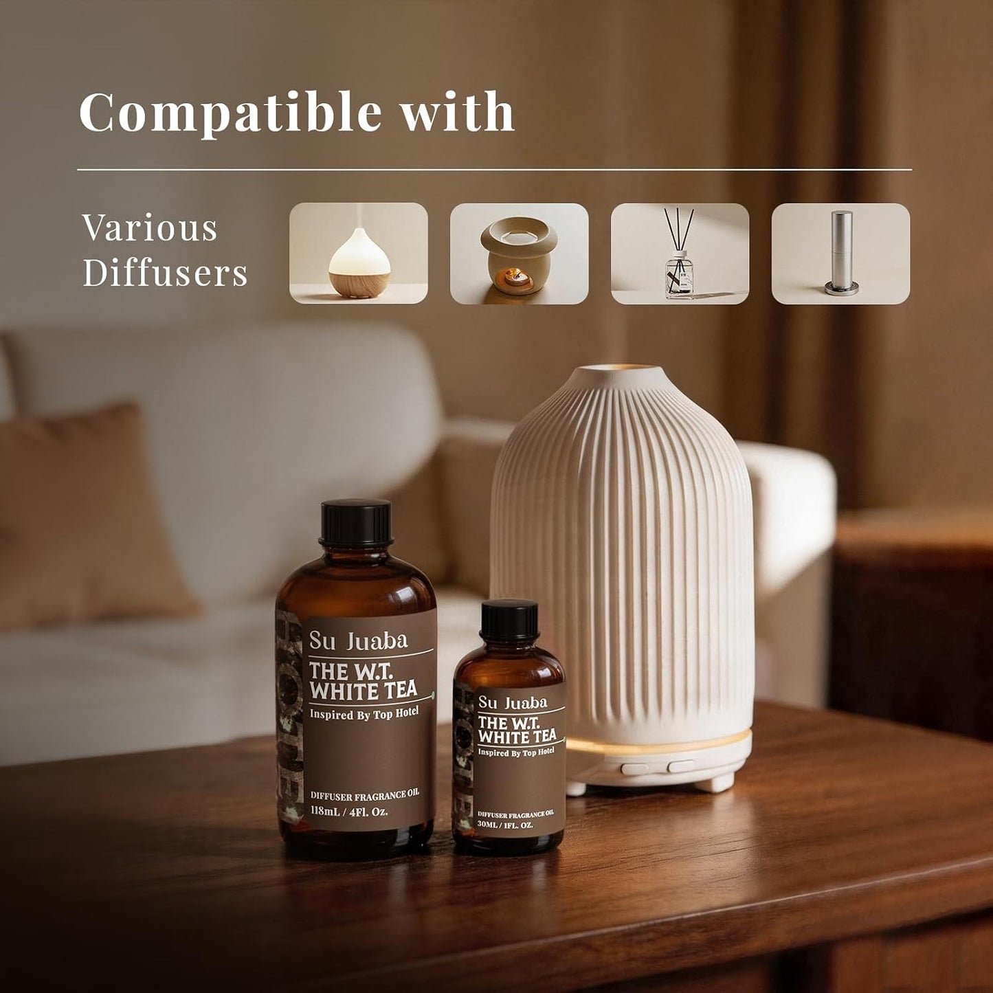 SU JUABA White Tea Hotel Diffuser Oil - Inspired by Westin - Luxury Scent for Essential Oil Diffuser for Home & Car, Crafting, Long-Lasting & Vegan, 1 Fl Oz