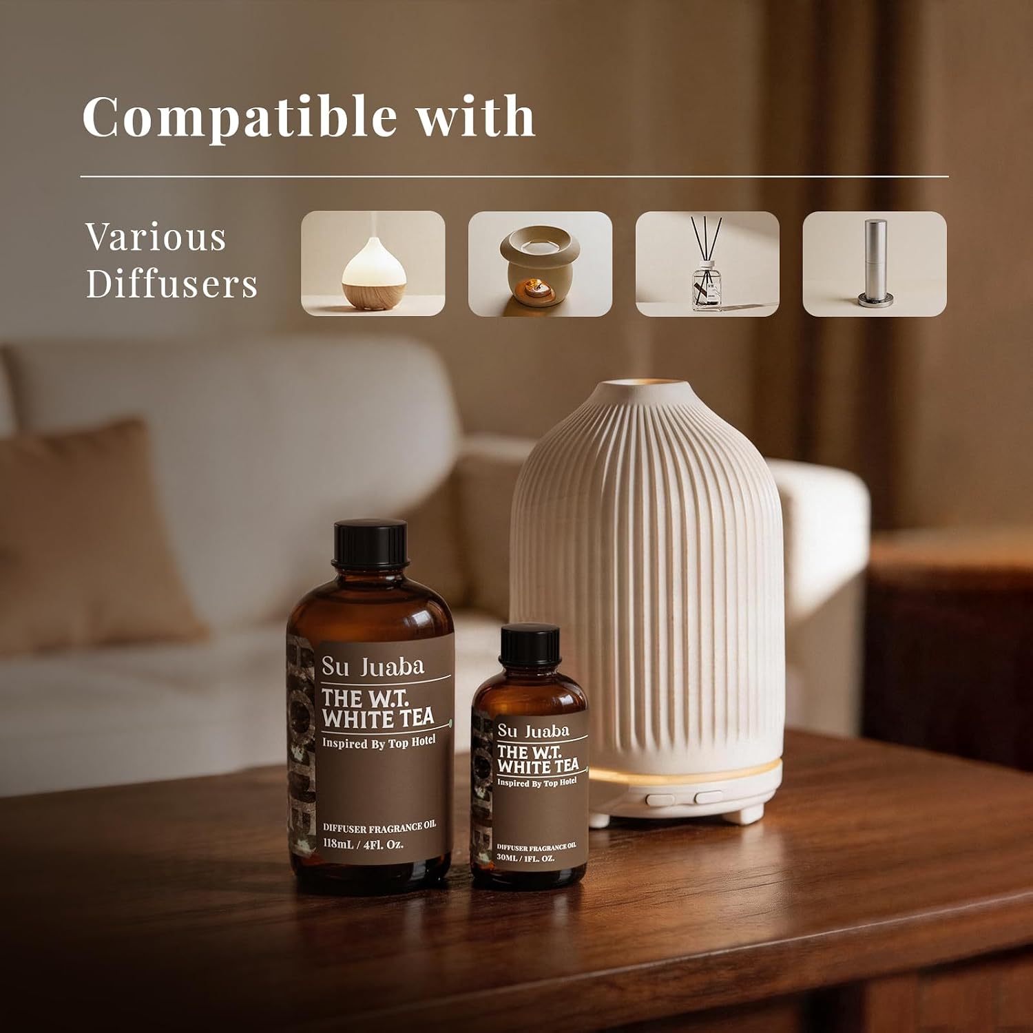 SU JUABA White Tea Hotel Diffuser Oil - Inspired by Westin - Luxury Scent for Essential Oil Diffuser for Home & Car, Crafting, Long-Lasting & Vegan, 1 Fl Oz