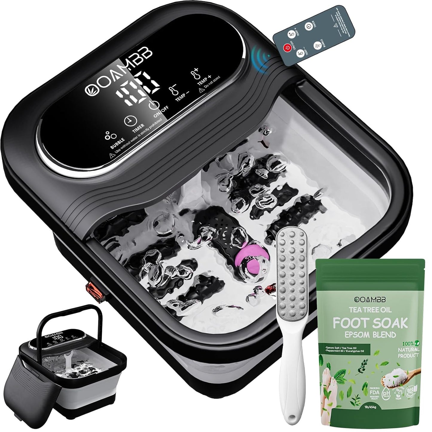 OOAMBB Collapsible Foot Spa with Heat, Bubble, Temp Control, Remote, Foot Bath Massager with XL Touch Screen and Massage Rollers, Foot Soaking Tub, Pedicure Foot spa for Stress Relief (Black+Green)