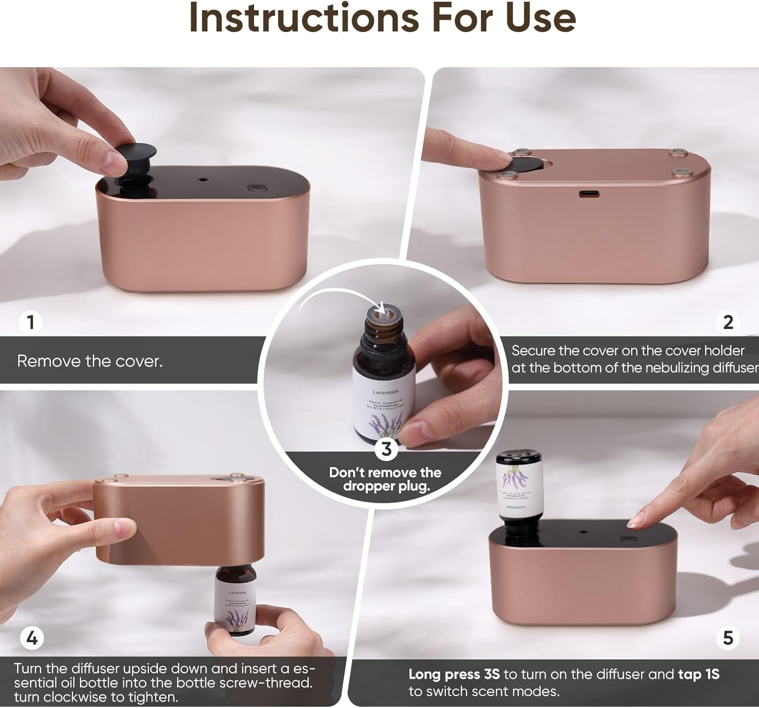 Lecdura Waterless Diffuser for Essential Oil, Battery Operated Scent Air Aromatherapy Diffuser, Mini Aroma Diffusers with 3 Intermittent Mist Modes, Cycle Start for Home Office Bedroom - Rose Gold