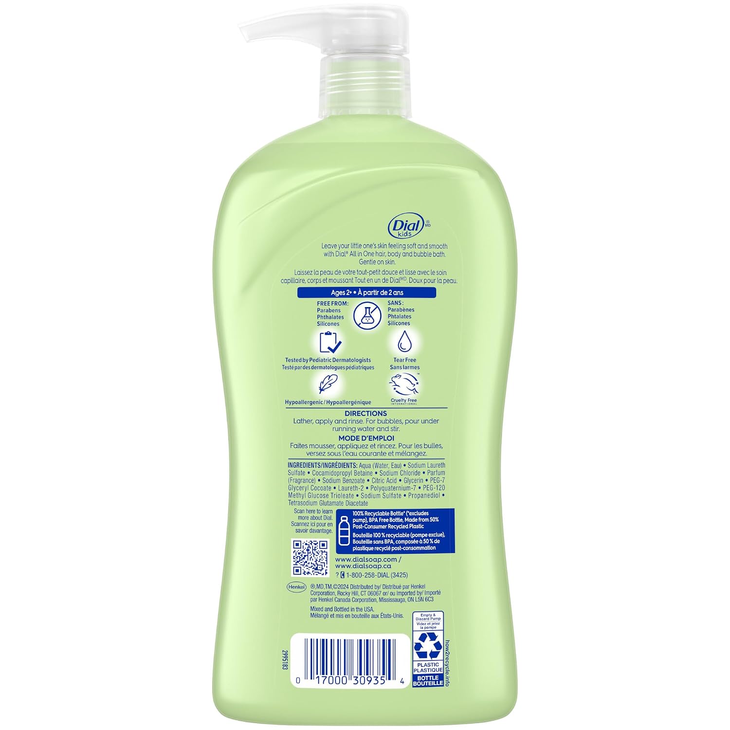 Dial Kids All-in-1 Body Wash + Hair + Bubble Bath, Melon Scent, 32 Fl Oz, Hypoallergenic Body Wash & Shampoo, No Tears Formula for Kids 2+ Years, No Parabens & Silicones
