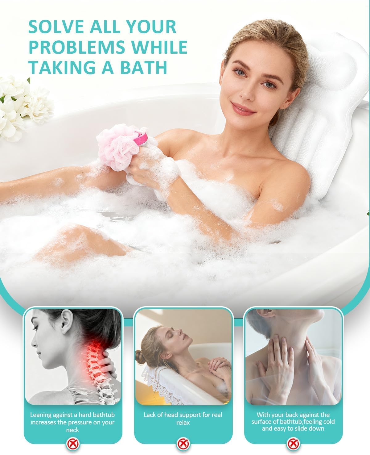 Full Body Bath Pillow for Bathtub, 5D Thick Tub Pillow for Bathtub with Movable Head, Neck & Lumbar Support, Laundry Bag & Hook, Bathtub Pillow for Post-Yoga Spa, Deep Relaxation(White, 51"*15")