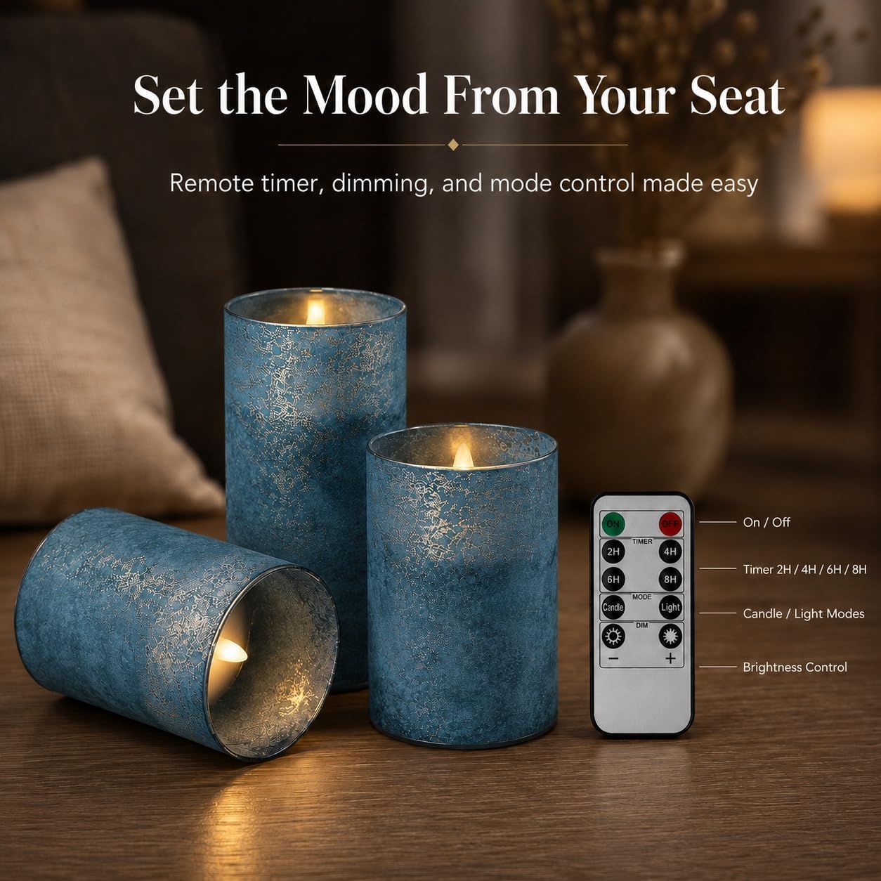 Blue Flameless Candles Set of 3, Sandblasted Glass LED Pillar Candles with Remote, Battery Operated Flickering Candles for Coastal Home Decor, Party Bathroom Holiday Birthday Wedding Decoration