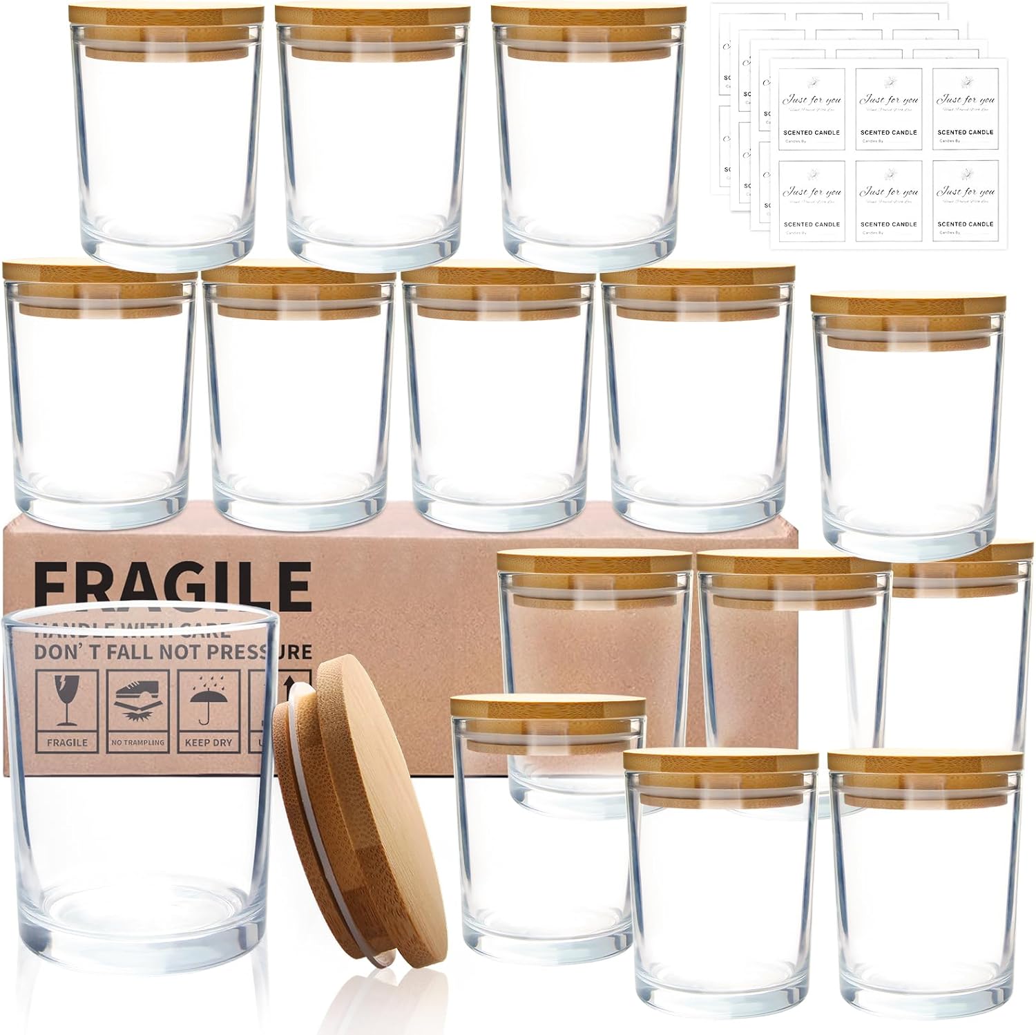 CONNOO 15 Pack 7 OZ Clear Candle Jars with Bamboo Lids, Thick Glass Empty Jars for Making Candles - Dishwasher Safe, in Bulk.