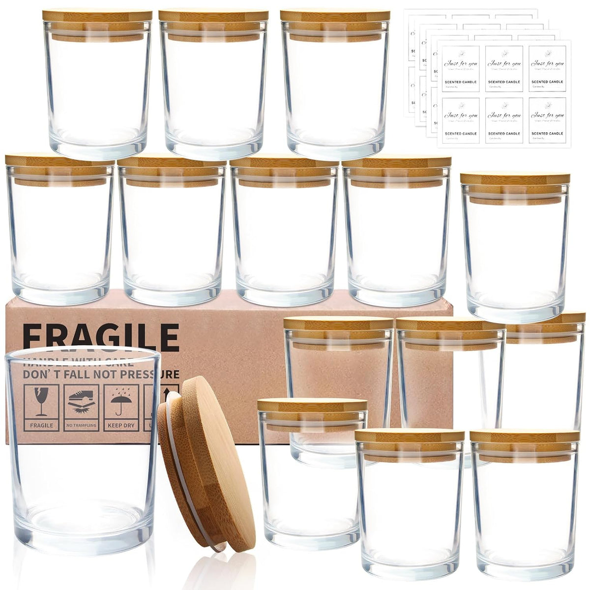 CONNOO 15 Pack 7 OZ Clear Candle Jars with Bamboo Lids