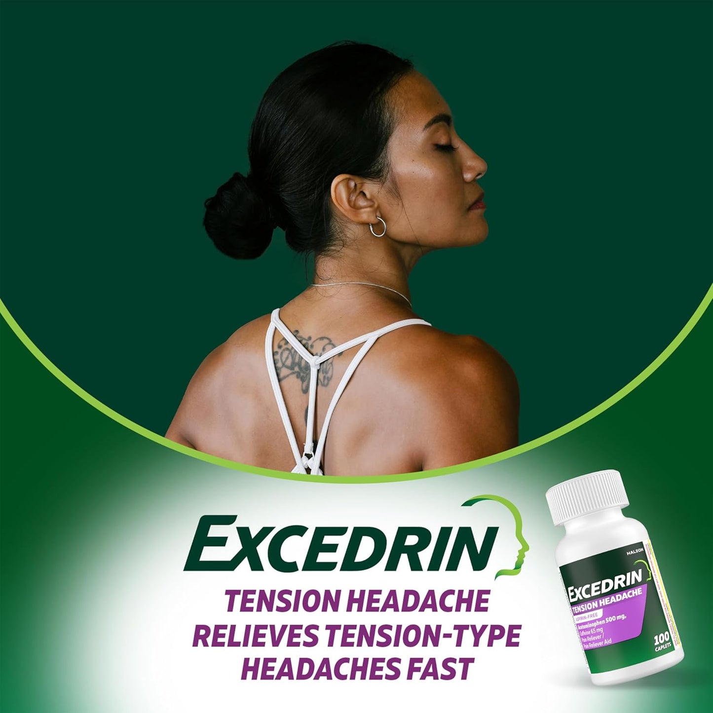 Excedrin Tension Headache Relief Caplets, Acetaminophen 500mg, Caffeine 65mg, Pain Reliever, Aspirin-Free, 100 Count