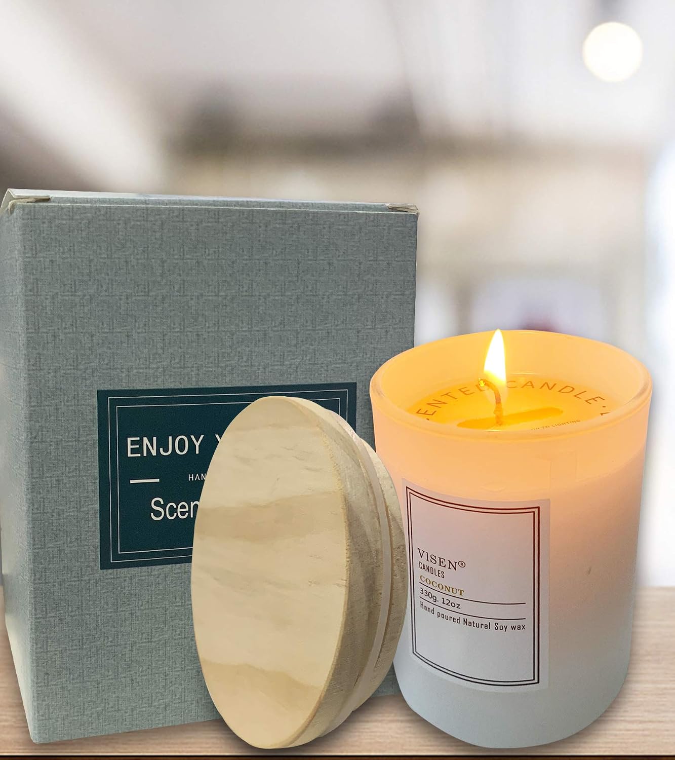 Soy Scented Candles, Natural Organic Candles for Home Scented with Thick Frosted Glass and Bamboo Wood Lid, 12 Oz/50 Hour Long-Lasting, Highly Scented Candle for Fall Decor Great Gifts(Coconut)