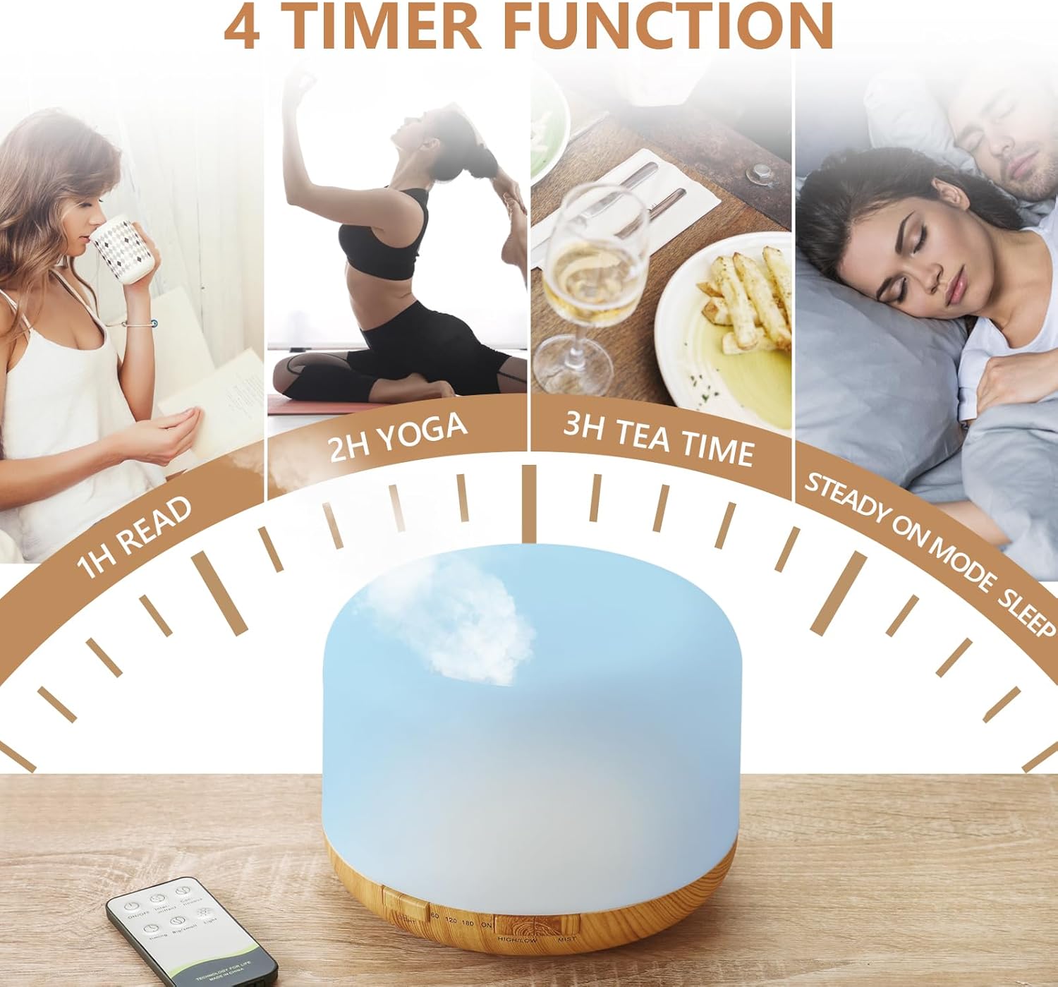 Oil Diffuser, 500ml Essential Oil Diffusers with 2 Mist Mode 4 Timers＆7 Ambient Light Waterless Auto Off, Diffusers Large Room Home Office