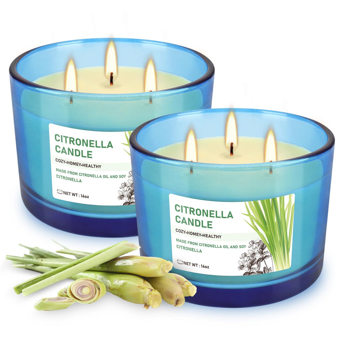 2x14oz Large 3-Wick Outdoor Indoor Citronella Candles