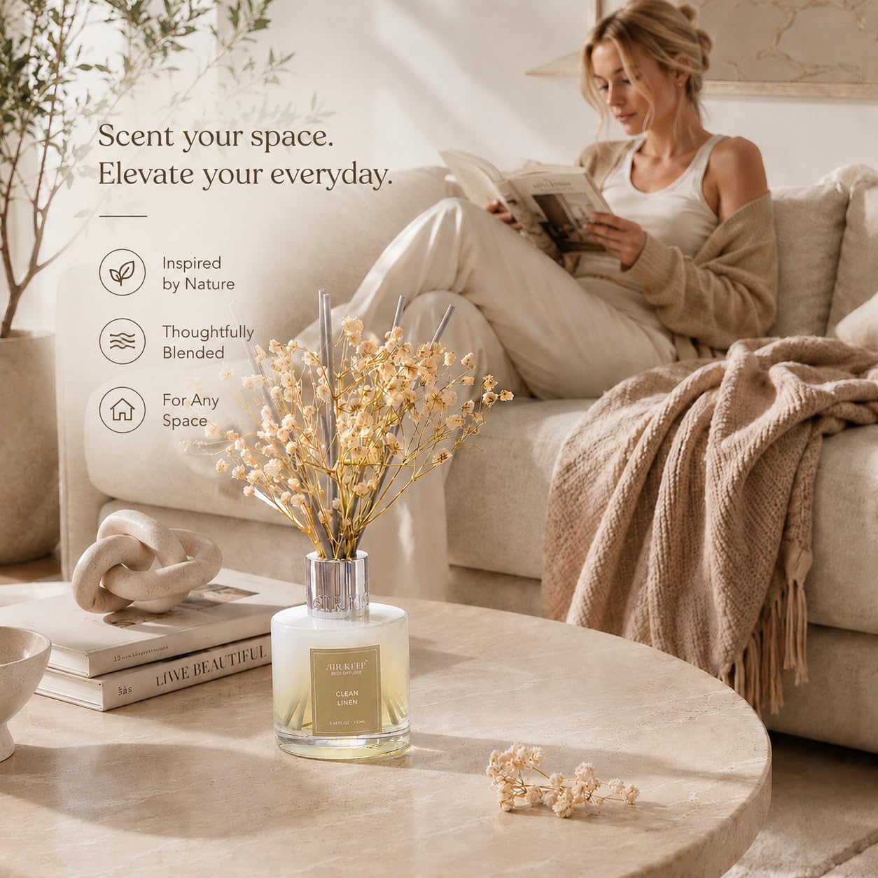 Airkeep Reed Diffuser Set,3.38 fl oz (100 ml) - Clean Linen Oil Diffusers with 8 Reed Sticks,Home Fragrance Reed Diffuser for Bathroom Shelf Decor