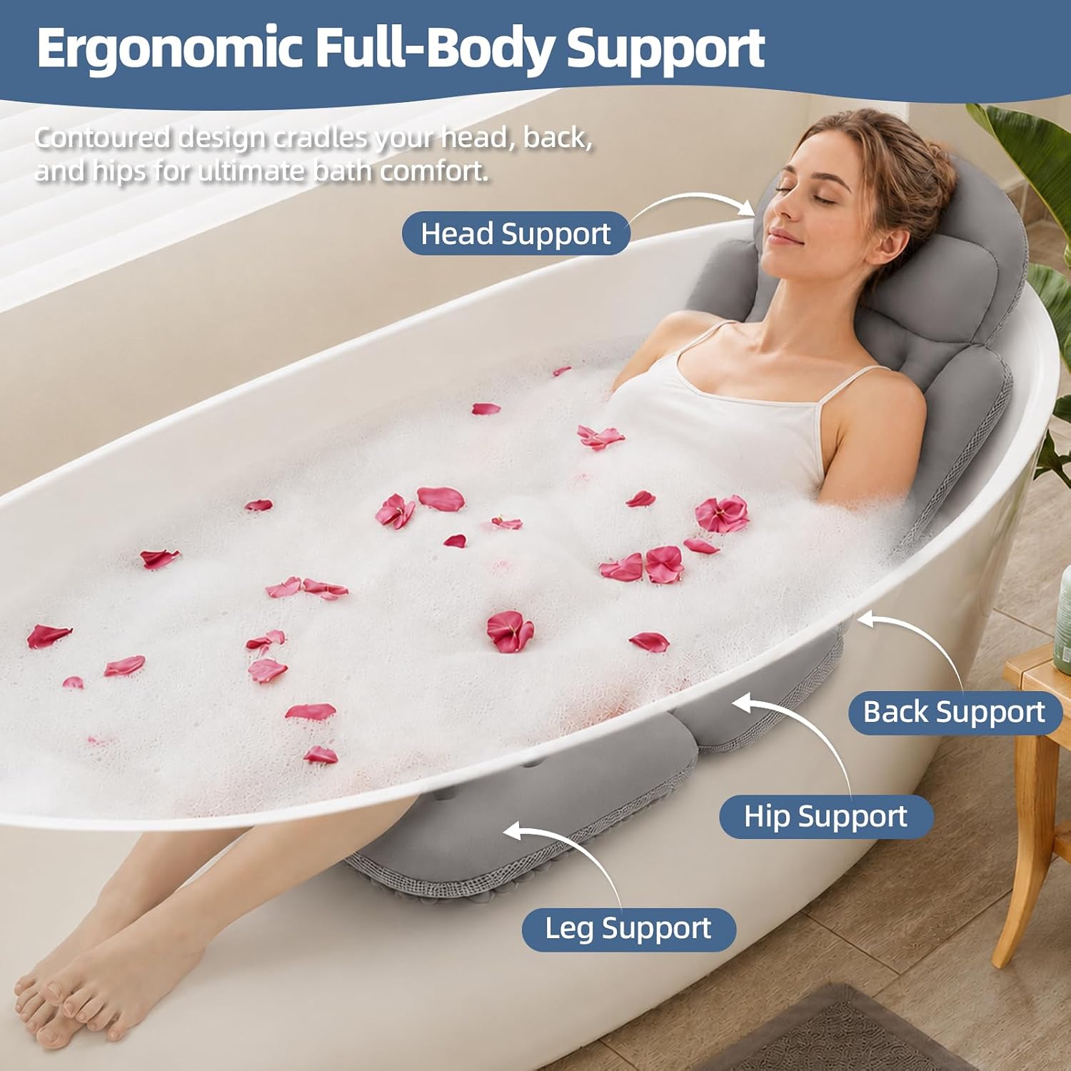 Full Body Bath Pillow for Tub, Ergonomic Head Neck Back Support, 192 Non-Slip Suction Cups, Thick Cushion with Laundry Bag, Fits Most Bathtubs, 56"x16" Grey