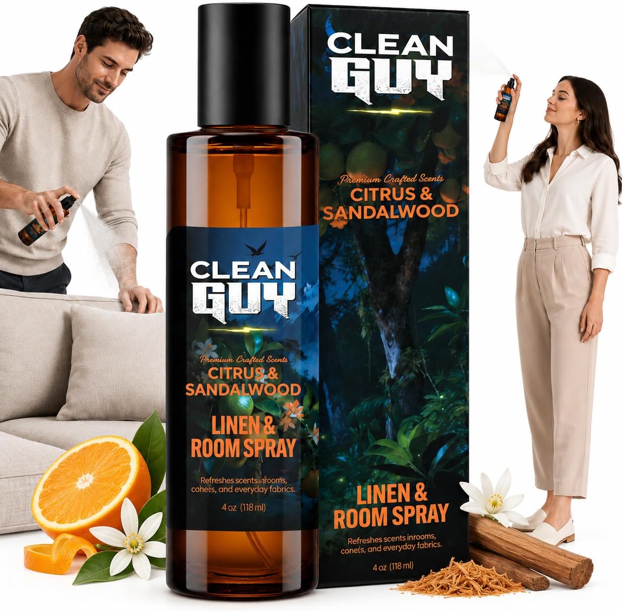 Room Spray for Men, Air Freshener Odor Eliminator– Masculine Home Fragrance & Linen Spray with Essential Oils – Long Lasting Room Deodorizer for Bathroom & Bedroom (4oz, Citrus & Sandalwood)