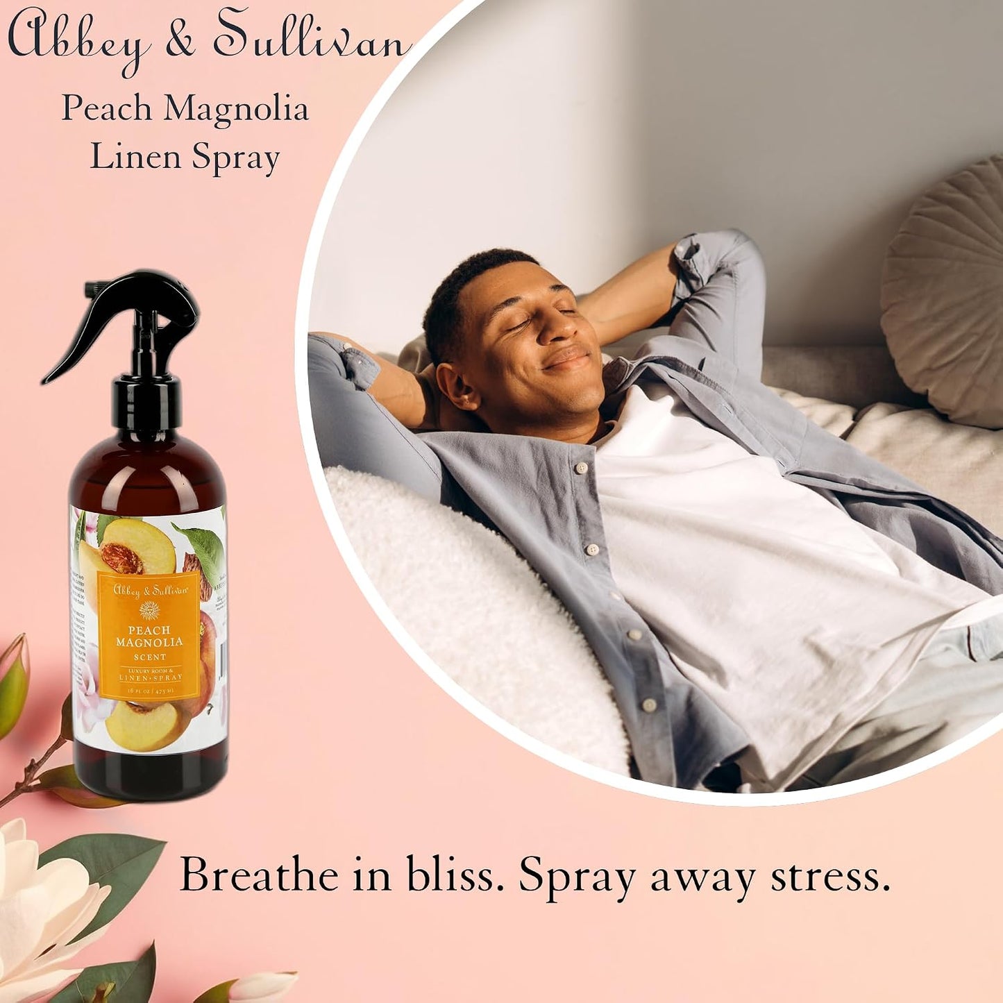 Abbey & Sullivan Linen Spray, Peach Magnolia, Fabric Freshener and Fragrance Room Spray, Pack of 2, 16 oz