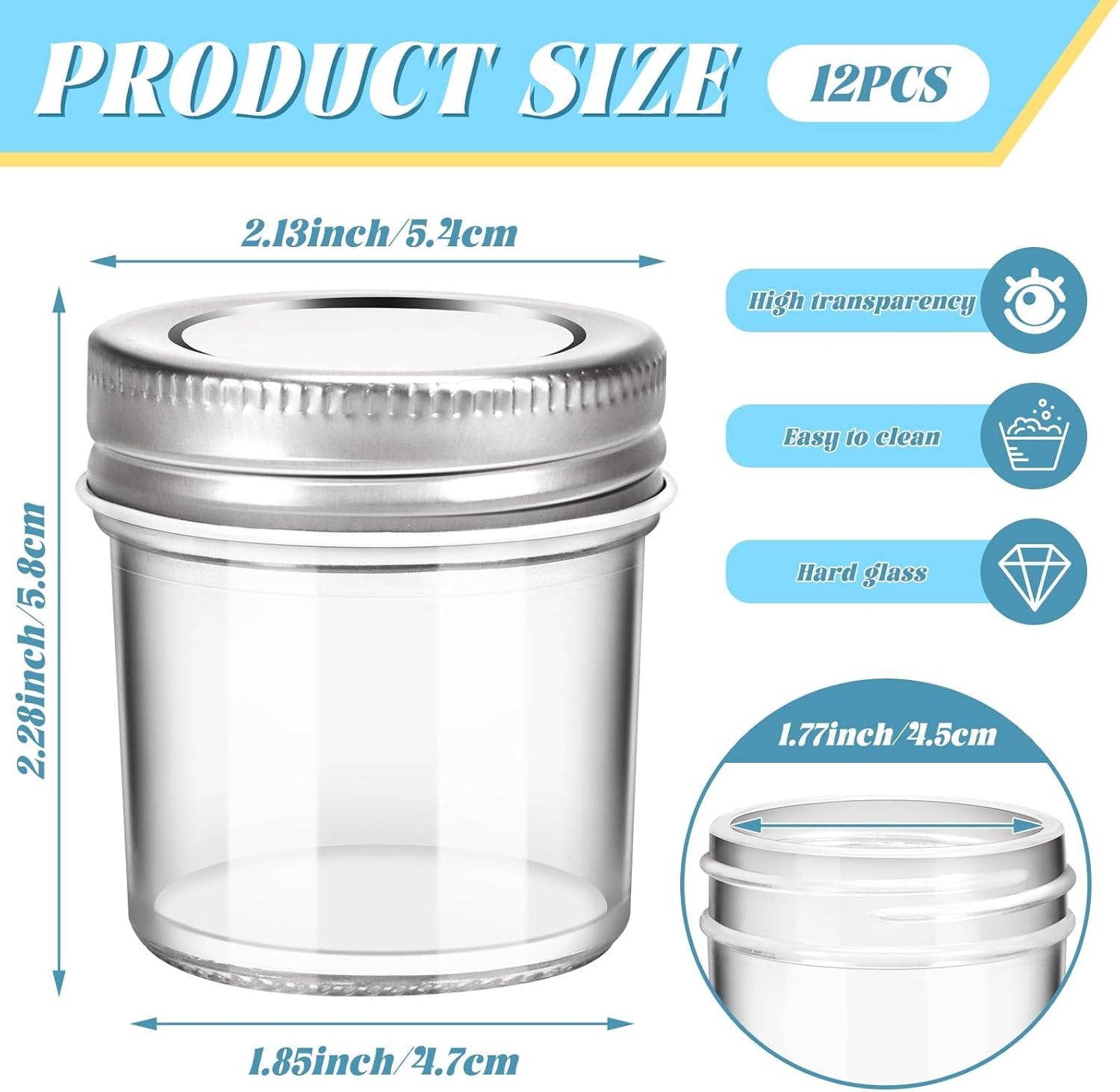 2 oz Mini Marson Jar - Set of 12, Small Glass Jars with Leak-Proof Sliver Lids, Round Little Canning Jars for Storing Jam, Honey, Spice, Candle, Candy 2oz, 12pcs