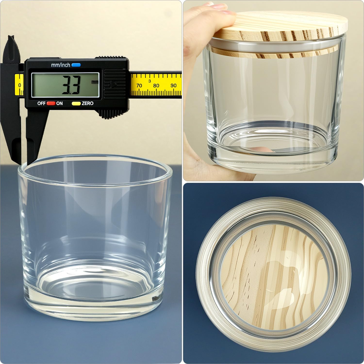 QWORK 16oz Clear Candle Jars with Lids, 6 Pack 3 Wick Glass Candle Containers, Thick Heat Resistant Glass Jars with Bamboo Lids